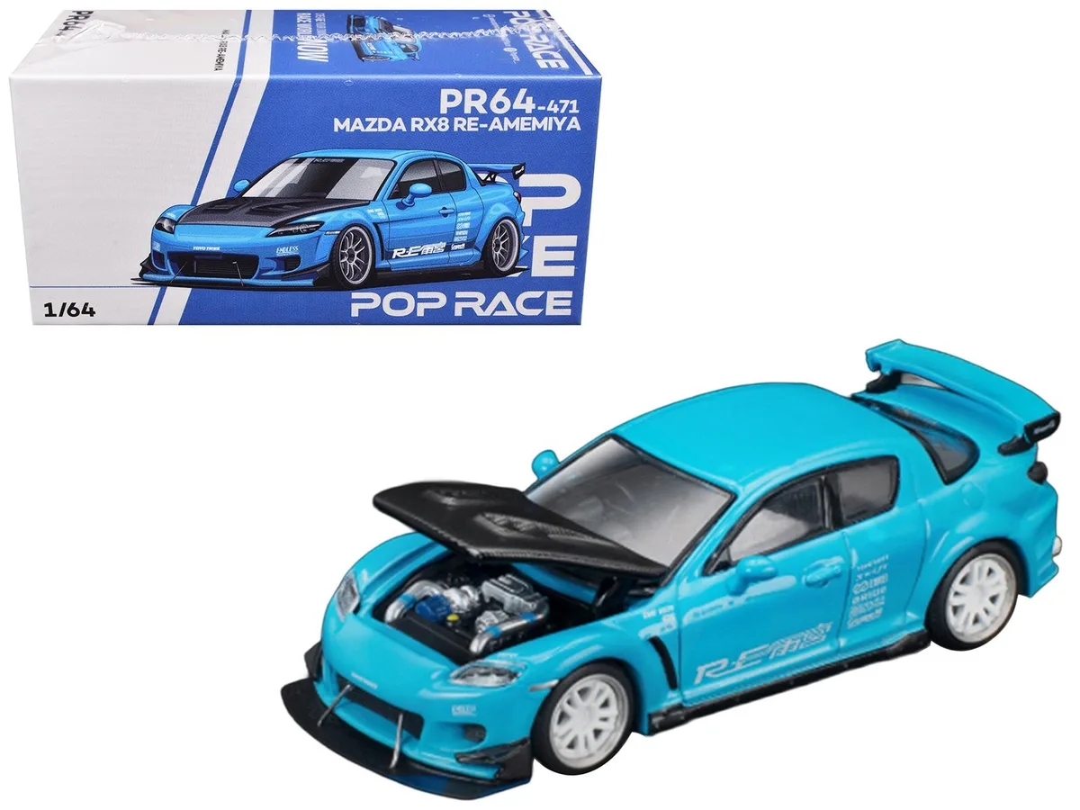 Pop Race Pop Race Mazda RX8 RE Amemiya RHD Light Blue Carbon Hood Tokyo Auto Salon 2026 1/64 hobby collectible — product photo
