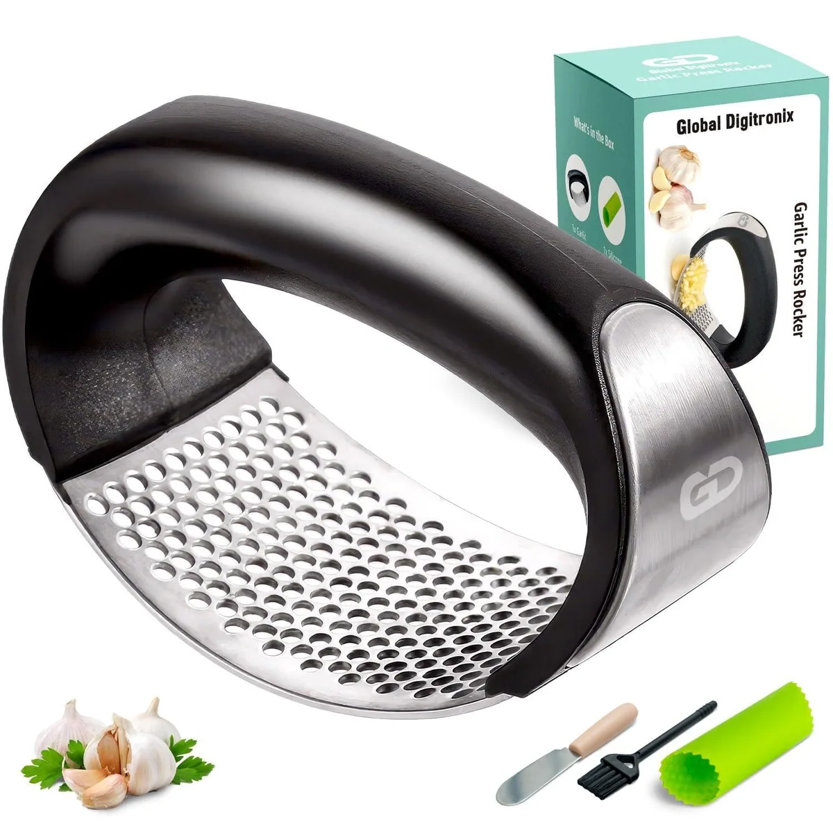 Stainless steel garlic rocker with curved handle plus peeler spatula and brush