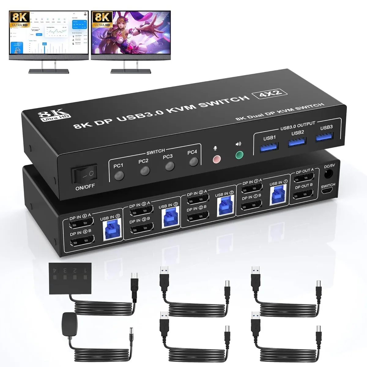 SMA SMA 8K@60Hz Dual Monitor KVM Switch 4 Ports 2 Monitors 3 USB 3.0 Audio — product photo