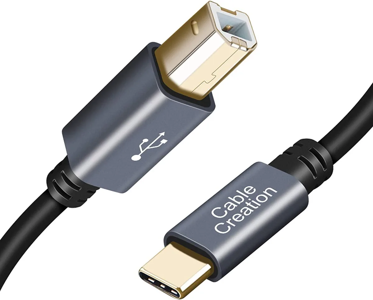 Black ten-foot cable with USB-C and USB-B connectors, aluminum shells