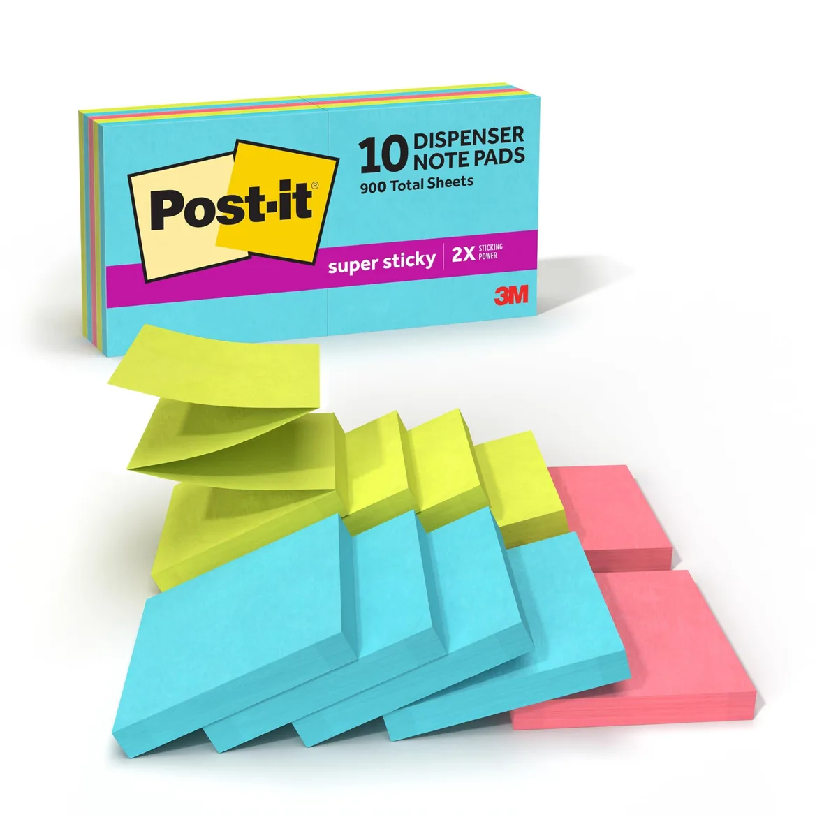 Ten square pads of neon Super Sticky notes in a paperboard carton