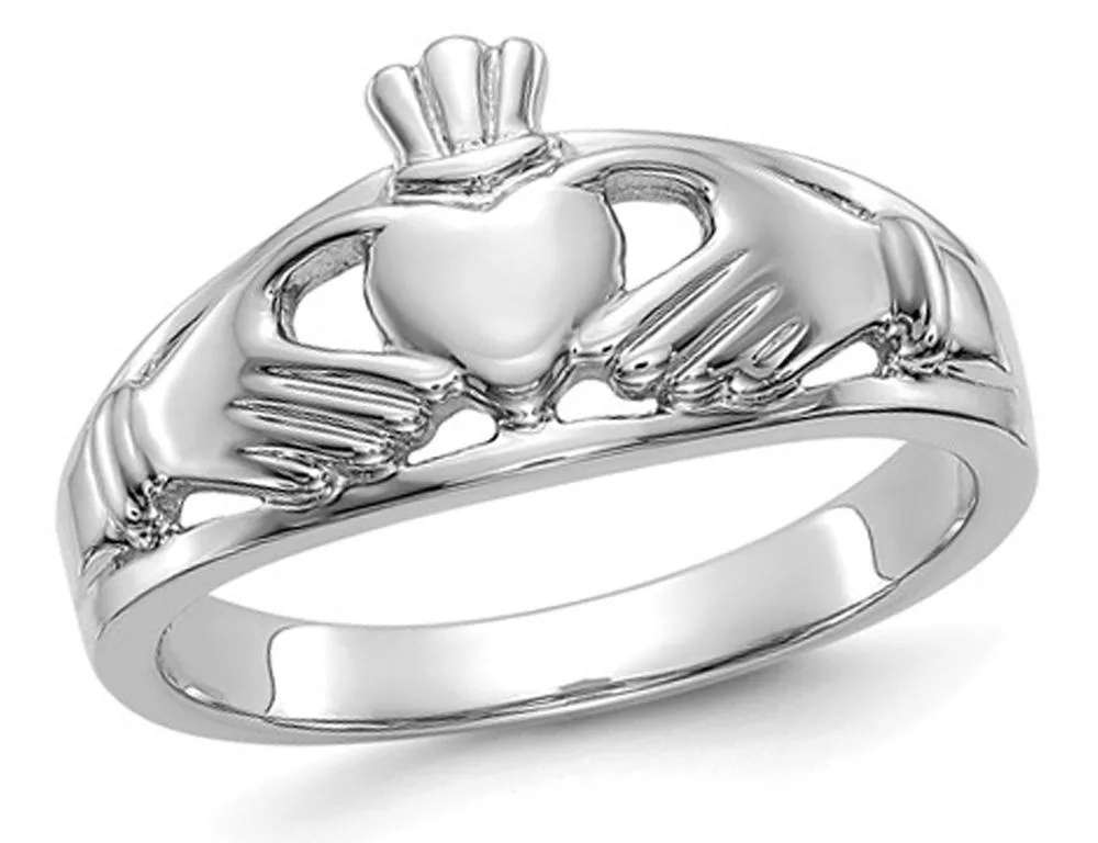 Polished 14K white gold Claddagh ring with heart center