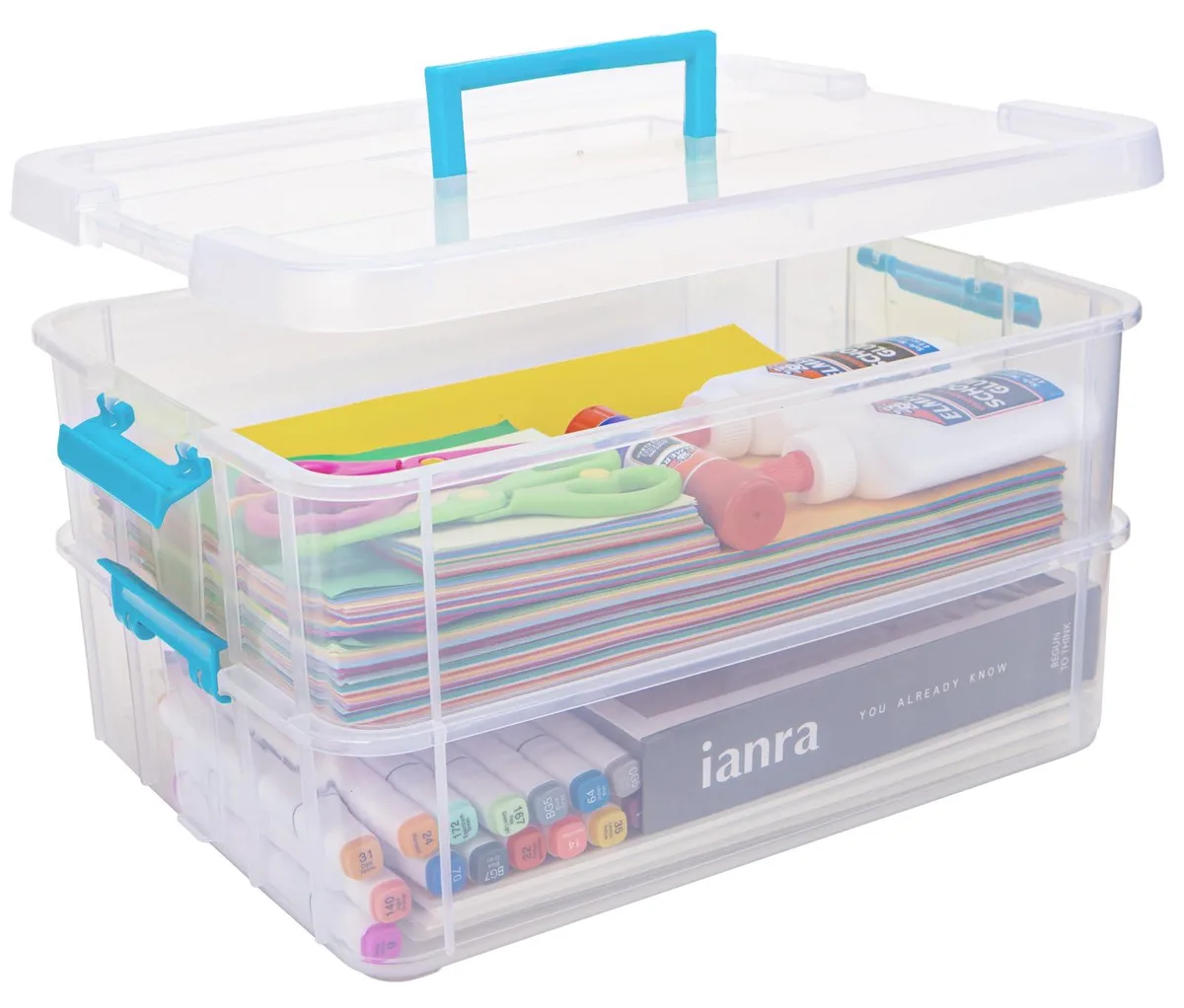 Blue two-layer plastic tool box with hinged lid and carry handle