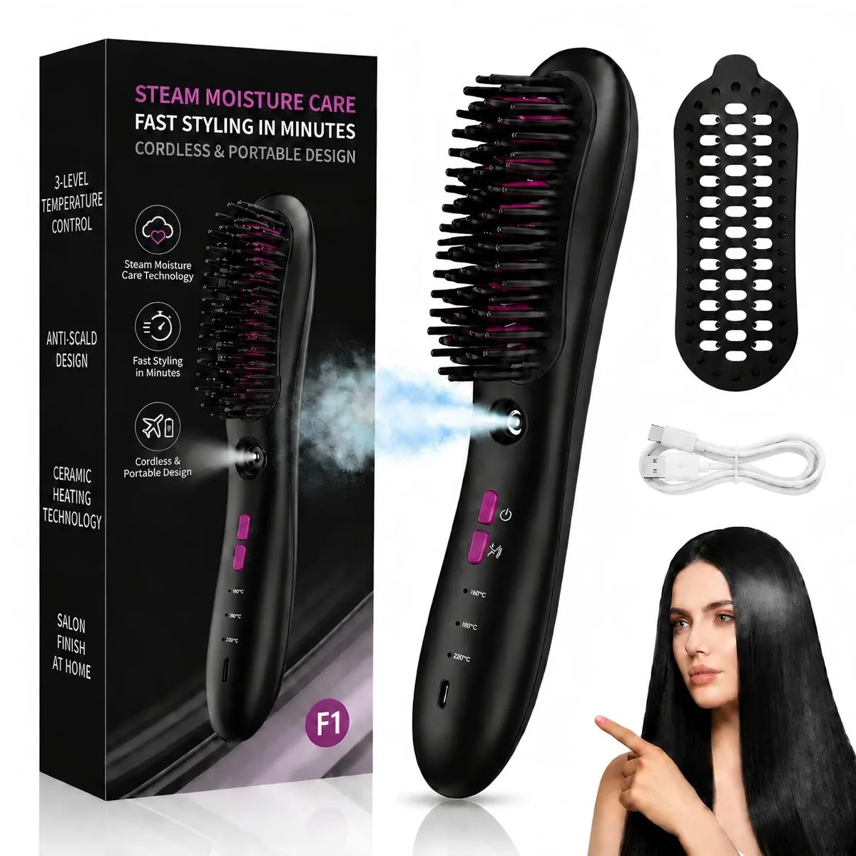  EBROJFG Cordless Steam Straightening Comb 3 Temp 160-200°C 40 min USB-C 230g — product photo