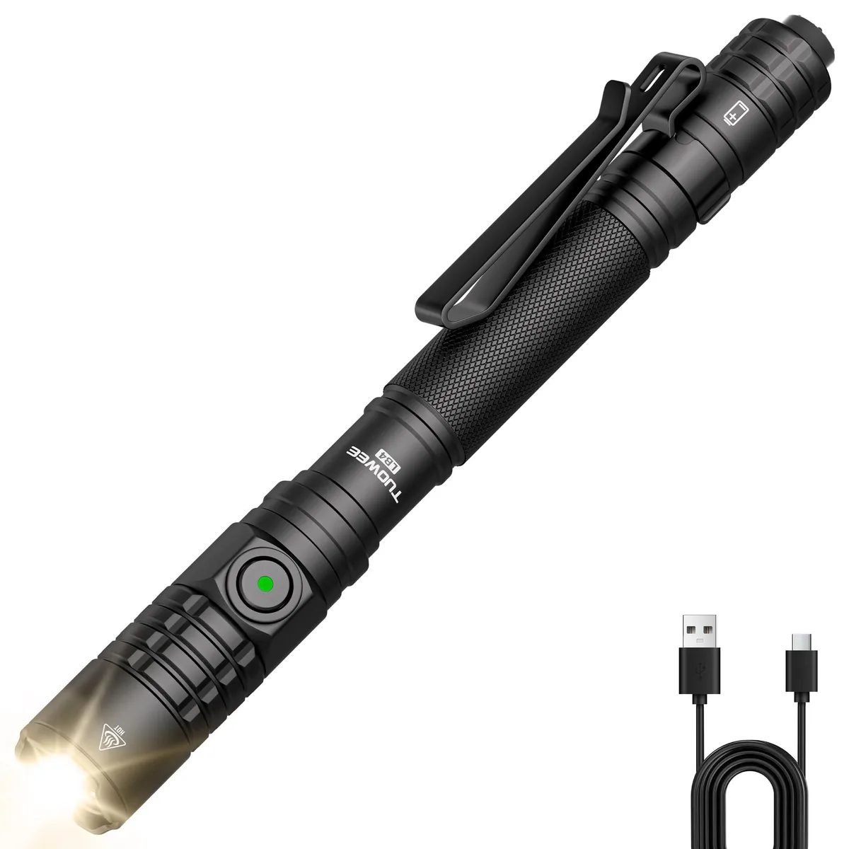 Cylindrical aluminium pen flashlight with dual switches and USB-C port