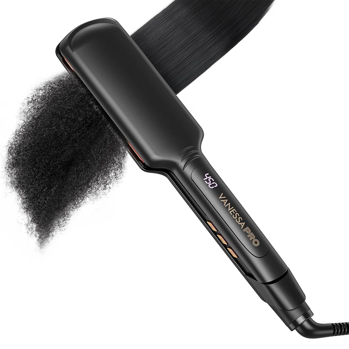 Wide 2-inch titanium flat iron with metallic plates and ergonomic handle