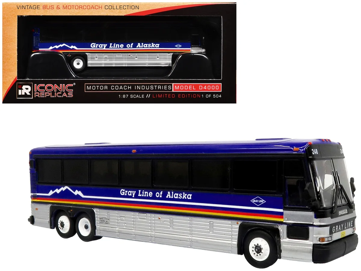 Iconic Replicas Iconic Replicas 2001 MCI D4000 Gray Line Alaska Dark Blue Ltd Ed 1/87 Hobby Collectible — product photo