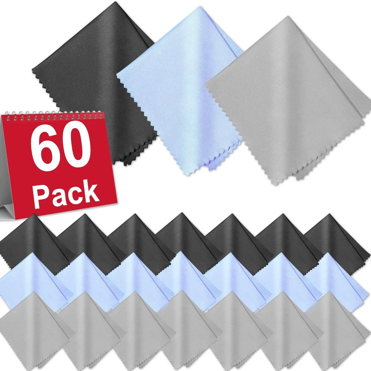 Stack of 60 microfiber cloths in black grey and light blue square format