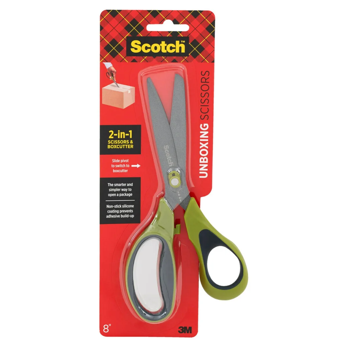 Green 8-inch Scotch unboxing scissors with slide box-cutter blade and soft grip handle