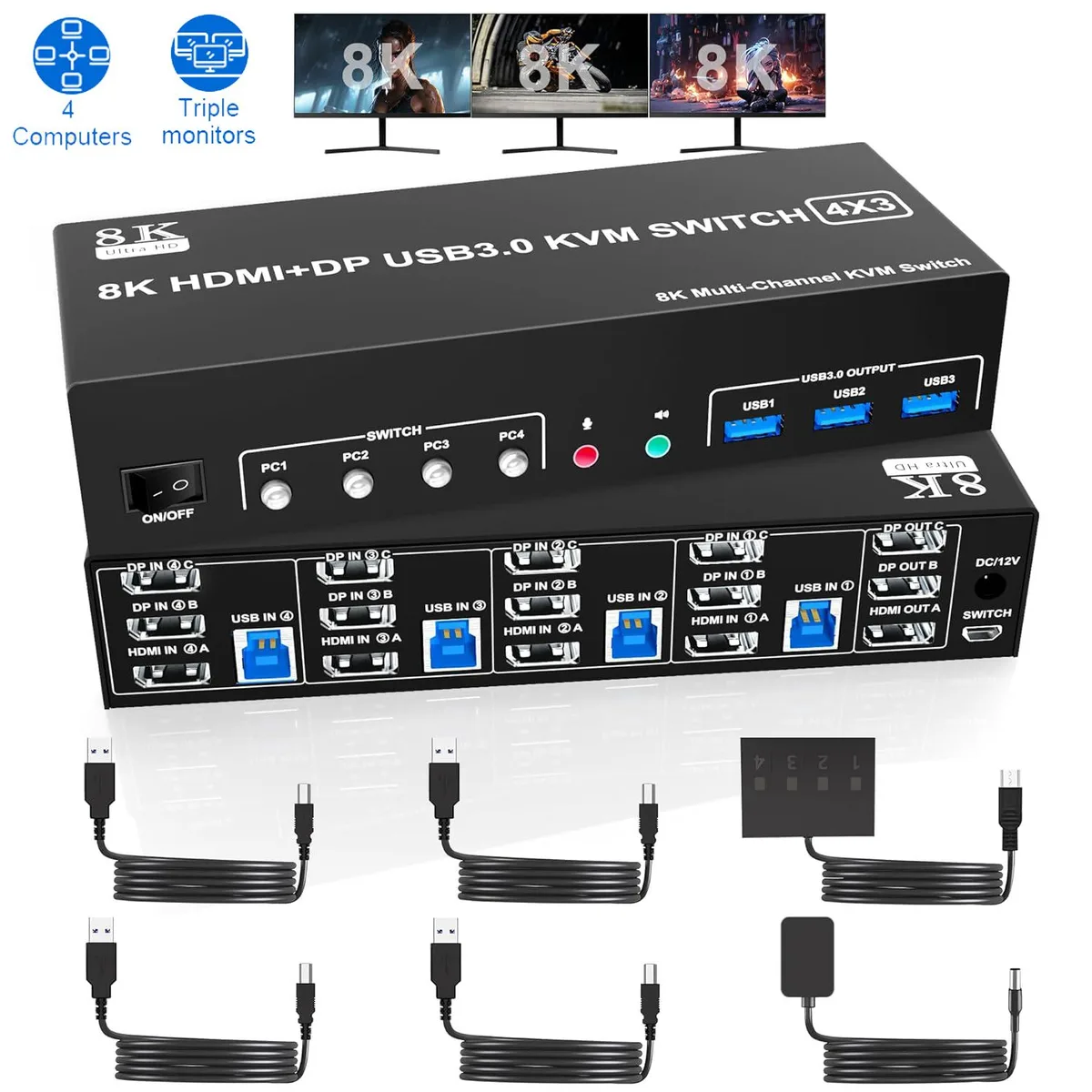 IHDAPP IHDAPP 8K@60Hz 2 DP1.4 + HDMI2.1 USB 3.0 KVM Switch 3 Monitors 4 Computers — product photo