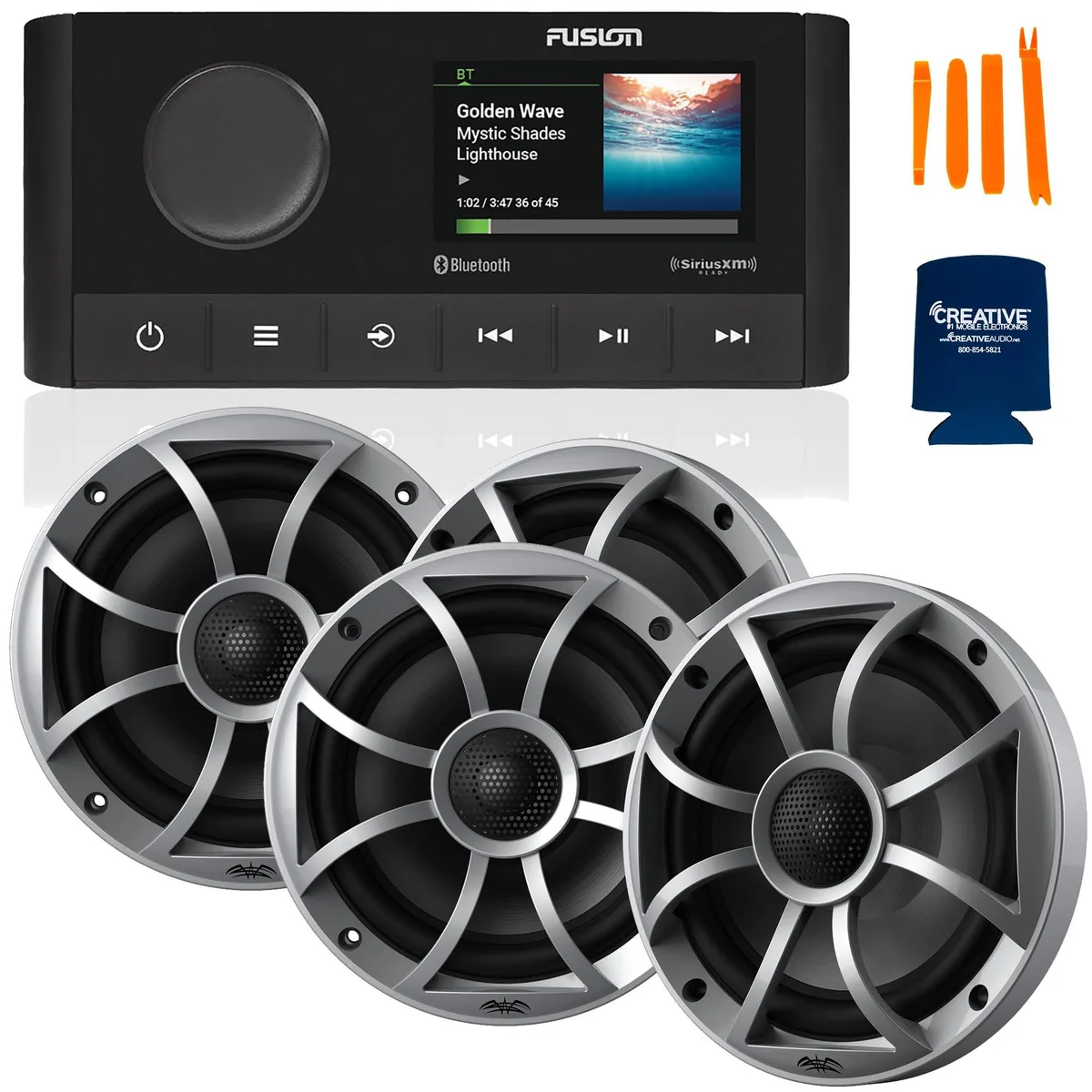 Fusion Entertainment Fusion MS-RA210 Marine Stereo with 2 Pair Wet Sounds RECON 6-S 6.5" Speakers, Silver Grill — product photo