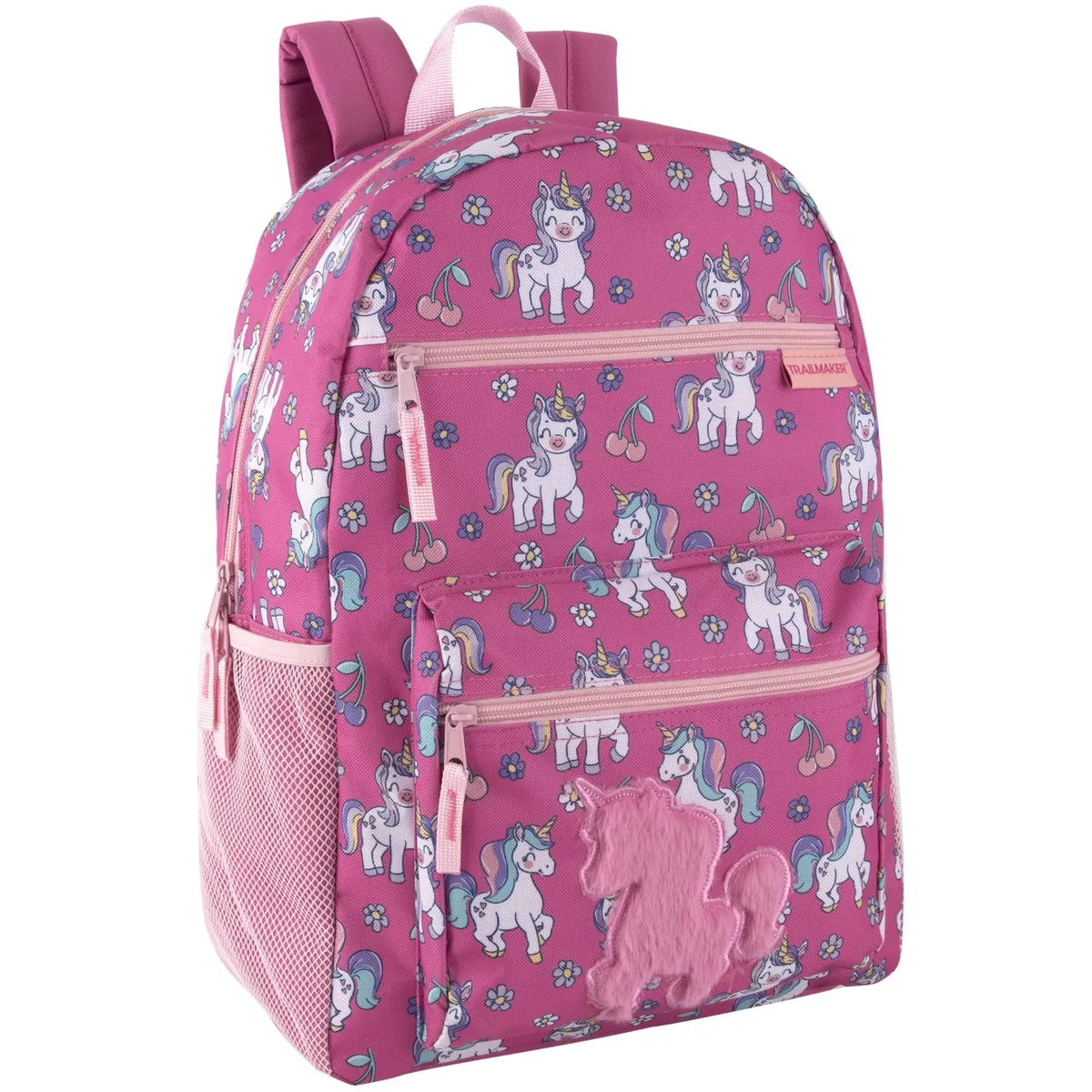 Plush cherry unicorn backpack, 17 in tall, purple polyester with mesh side pockets