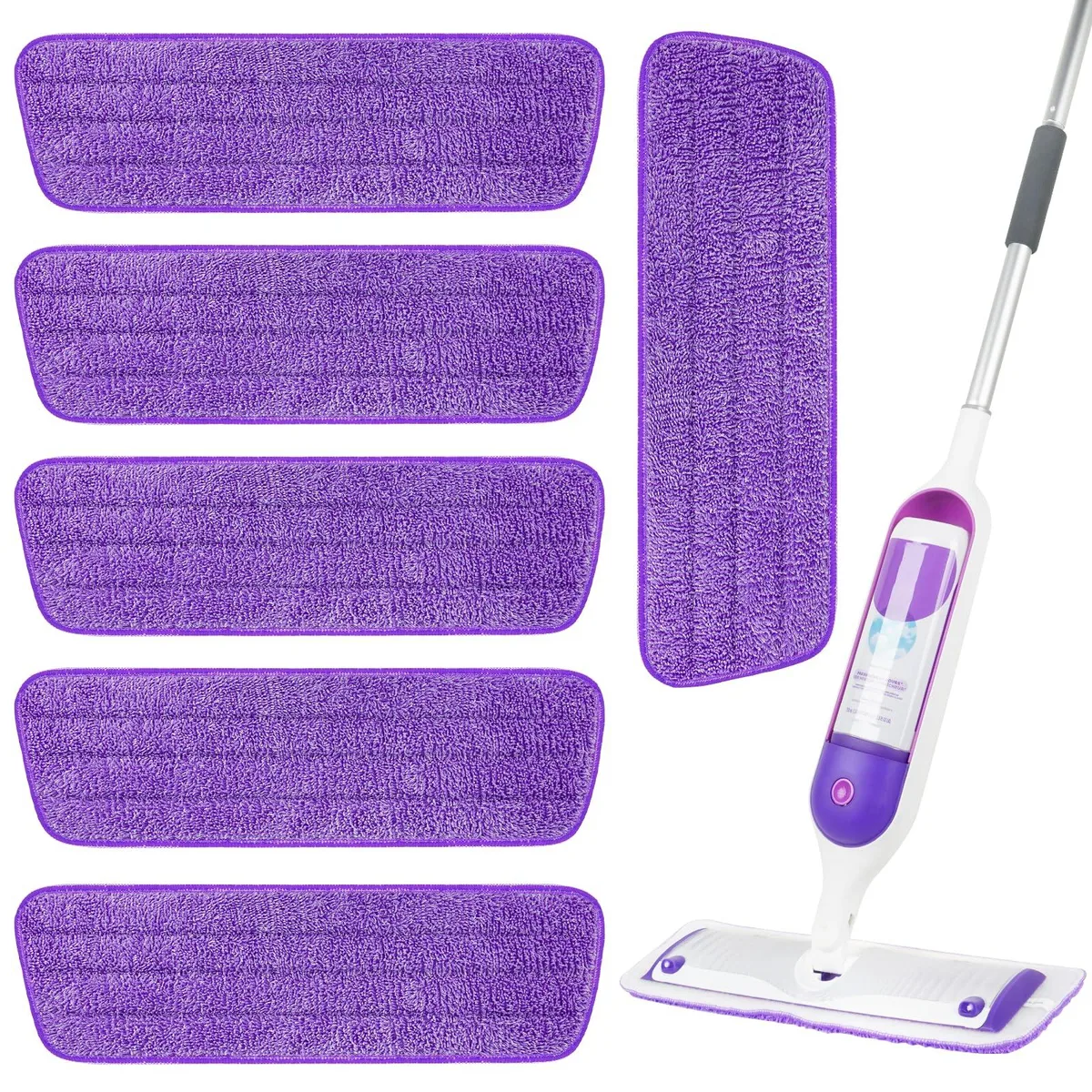 Six white microfiber mop pads in a rectangular box