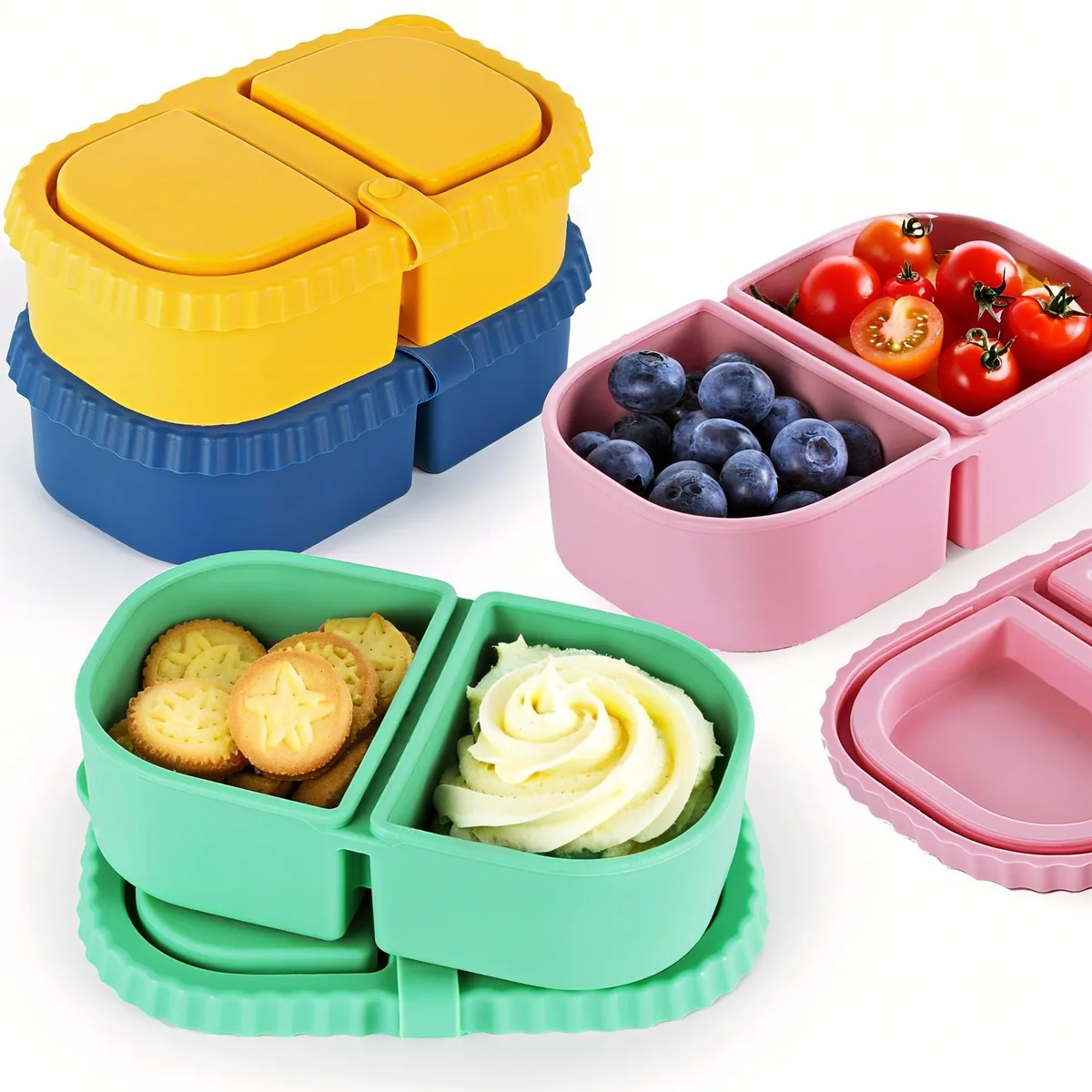 Four red silicone containers with lids, each divided into two compartments