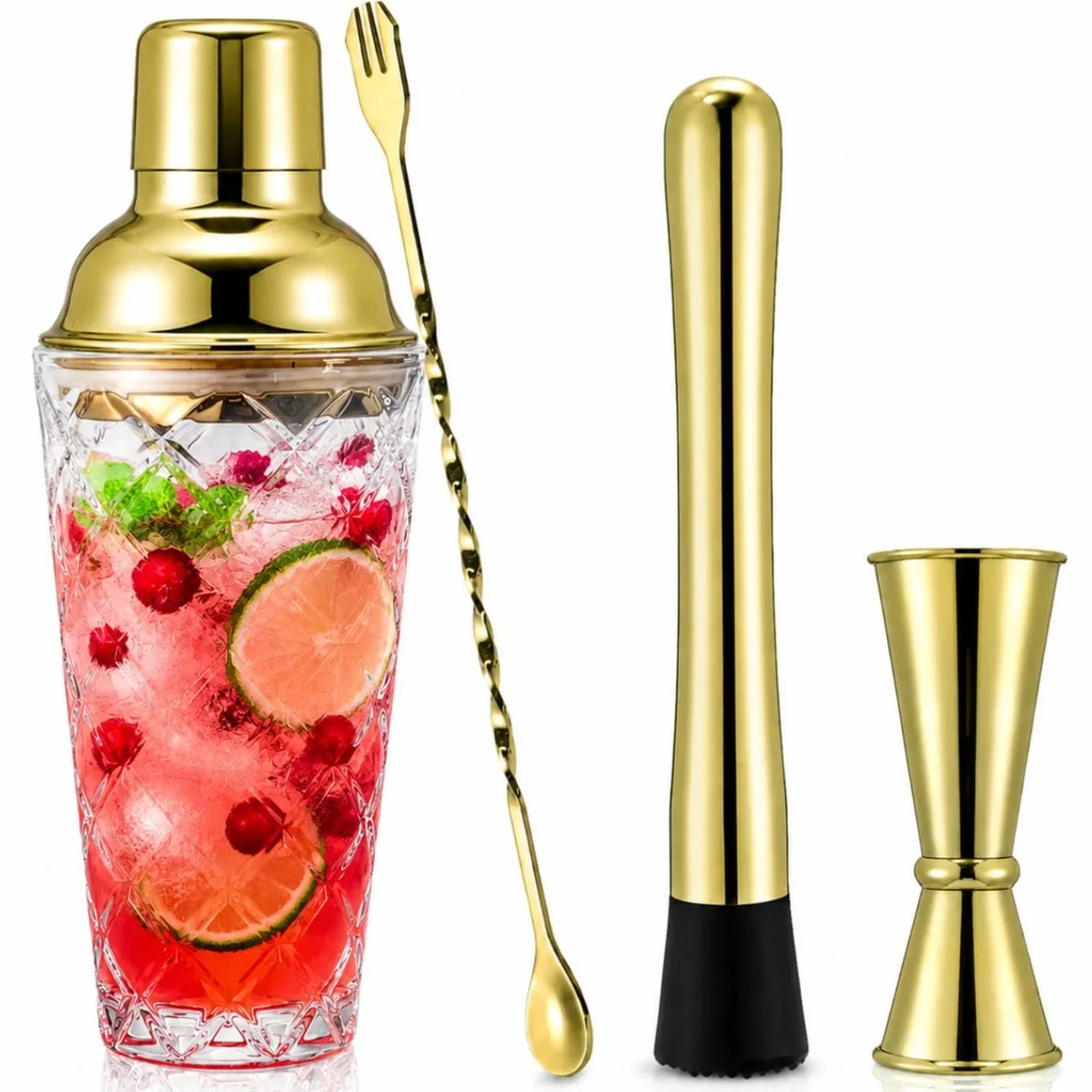 Clear glass 14 oz cocktail shaker with gold stainless steel lid, jigger, spoon and muddler