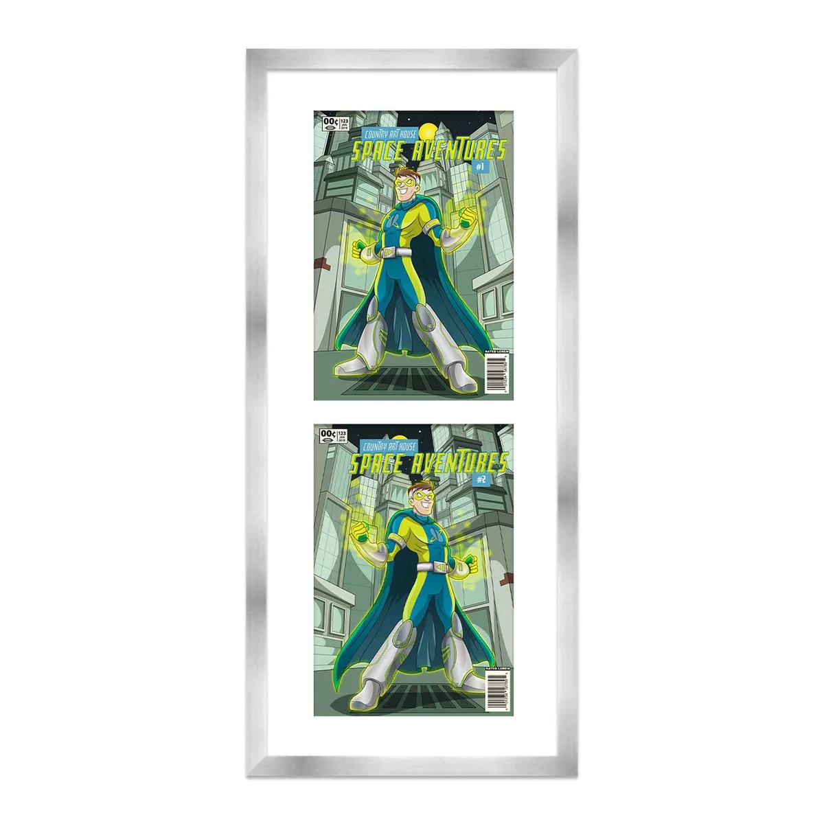 Silver wood frame with white mat displaying two comic book openings vertically