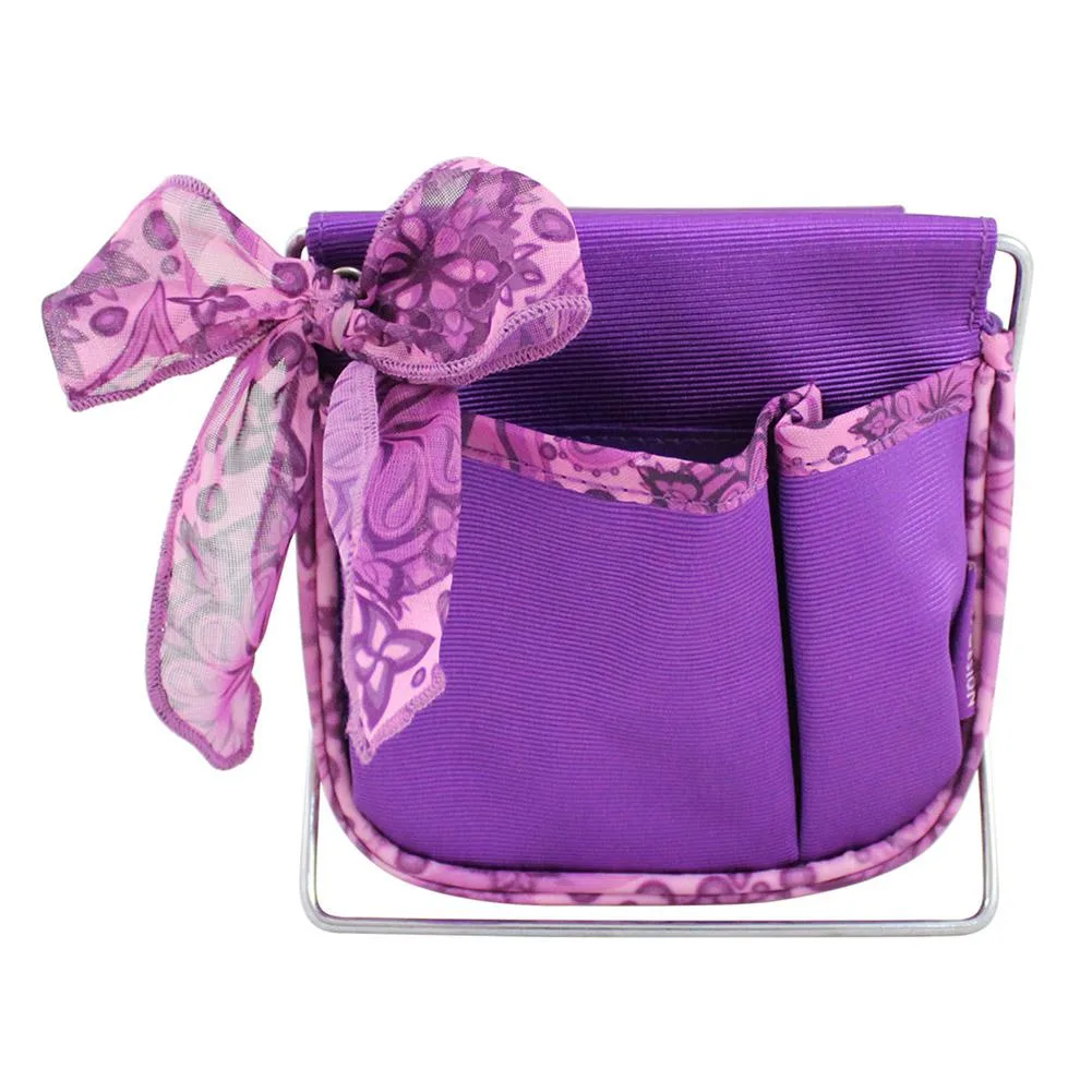 Purple fabric accessory organizer with main compartment and front pockets, shown folded flat
