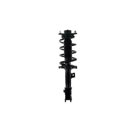 Silver metal suspension strut with black coil spring wrapped around the cylinder