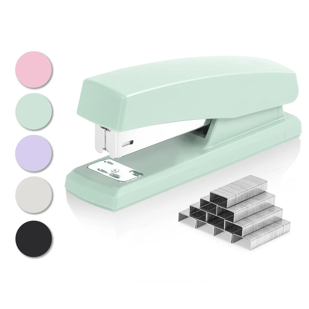 Green desktop stapler with rubber base, open for tacking