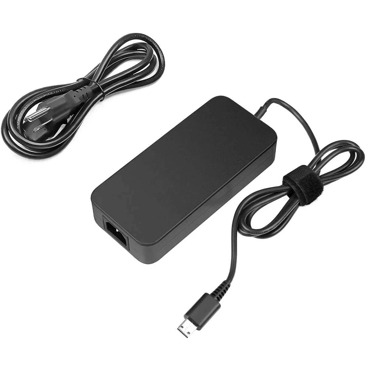Rectangular black power brick with USB-C connector and detachable mains cord