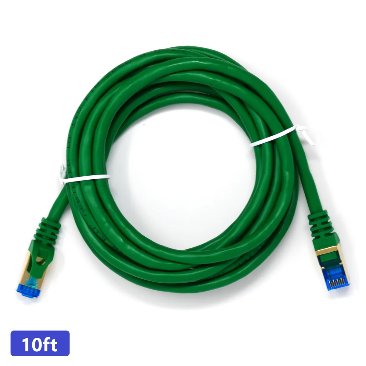 Green round Cat 7 Ethernet cable with RJ45 connectors, 10 ft length