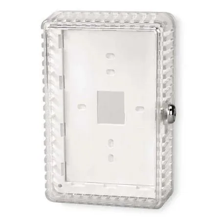 Off-white plastic thermostat guard with clear snap-on cover and ring base