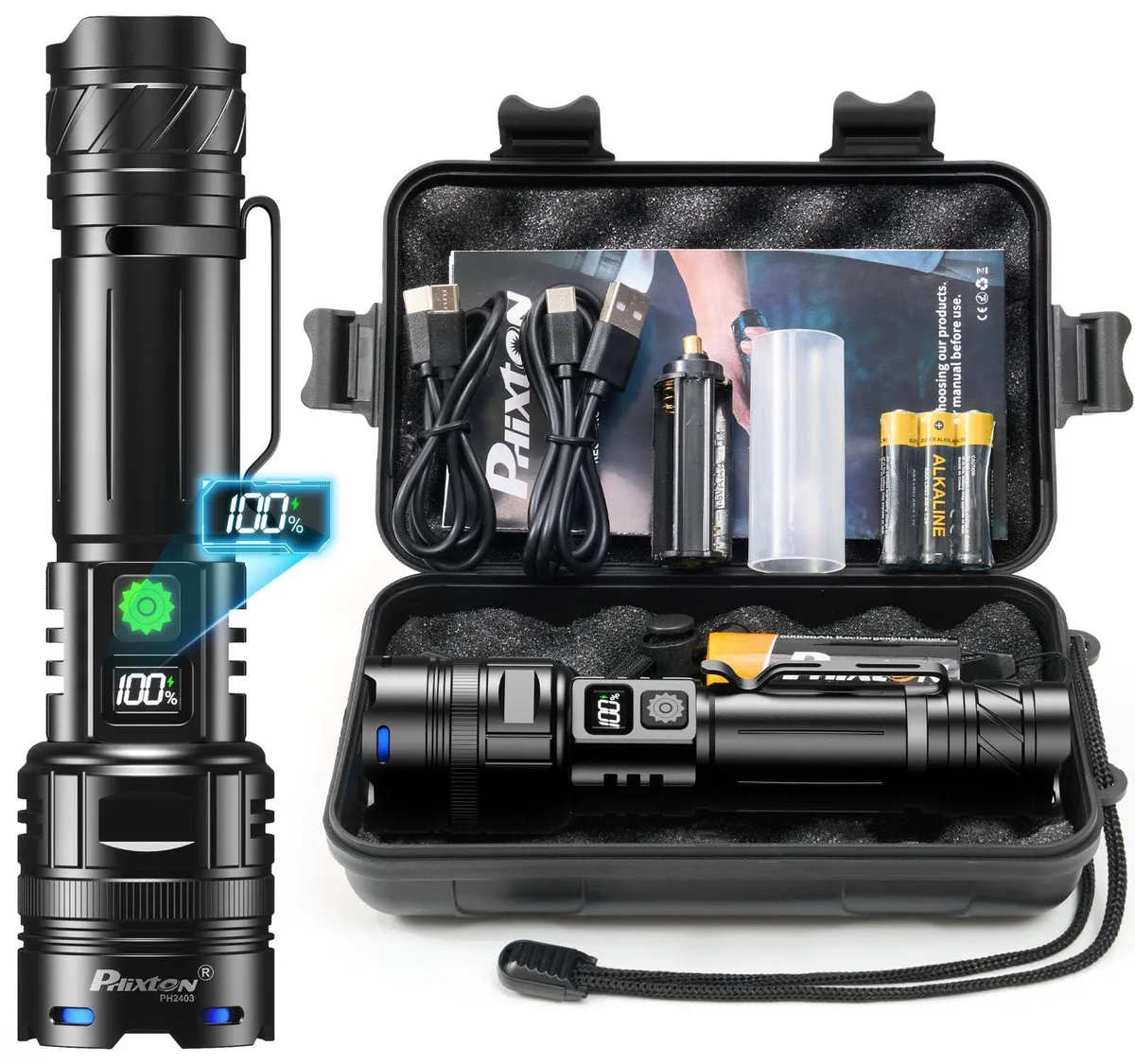 Compact aluminium flashlight with USB-C port and LCD power display