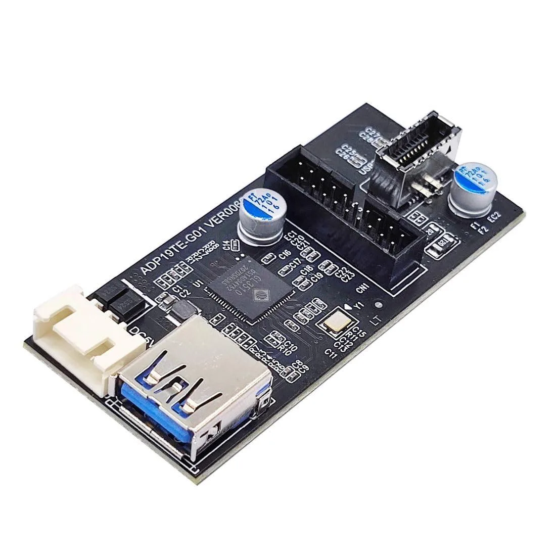Blue circuit board with 19/20-pin USB 3.0 headers and a short SATA power cable attached