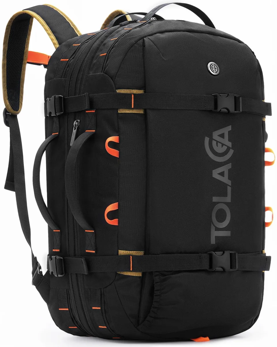 Black convertible duffel backpack with expandable main compartment and side laptop access