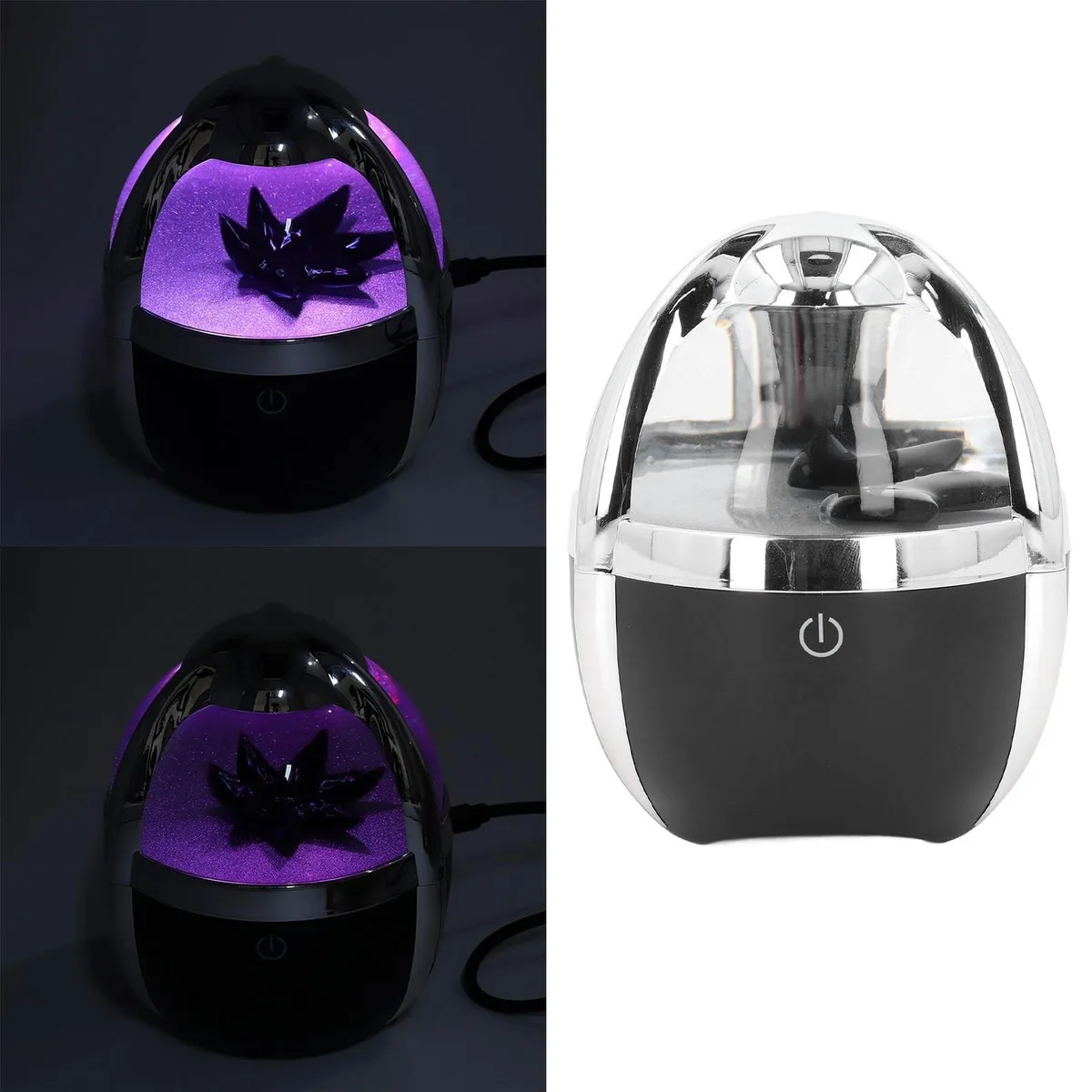 A small glass cylinder with dark magnetic fluid and colourful LED lights inside
