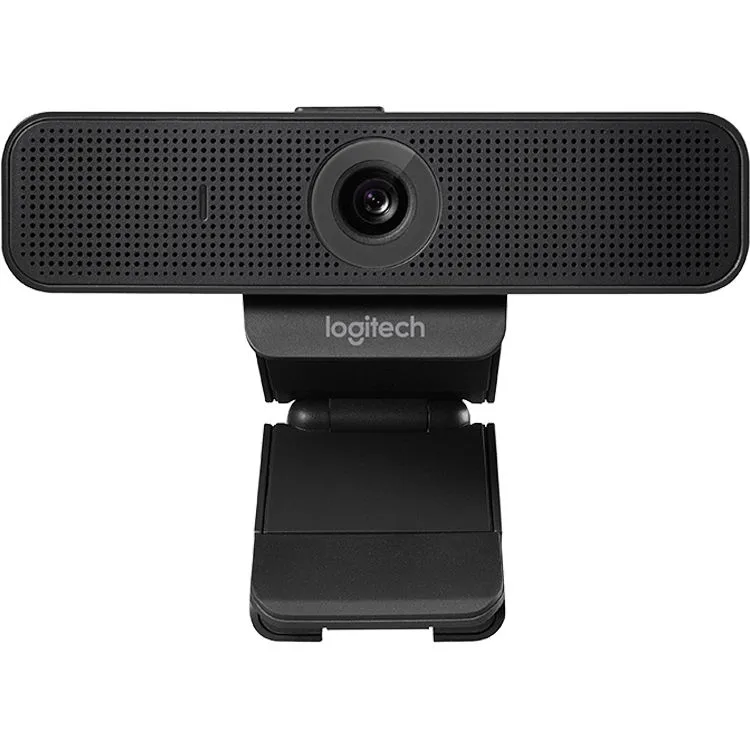 Black Logitech C925e webcam with integrated privacy shade and universal clip
