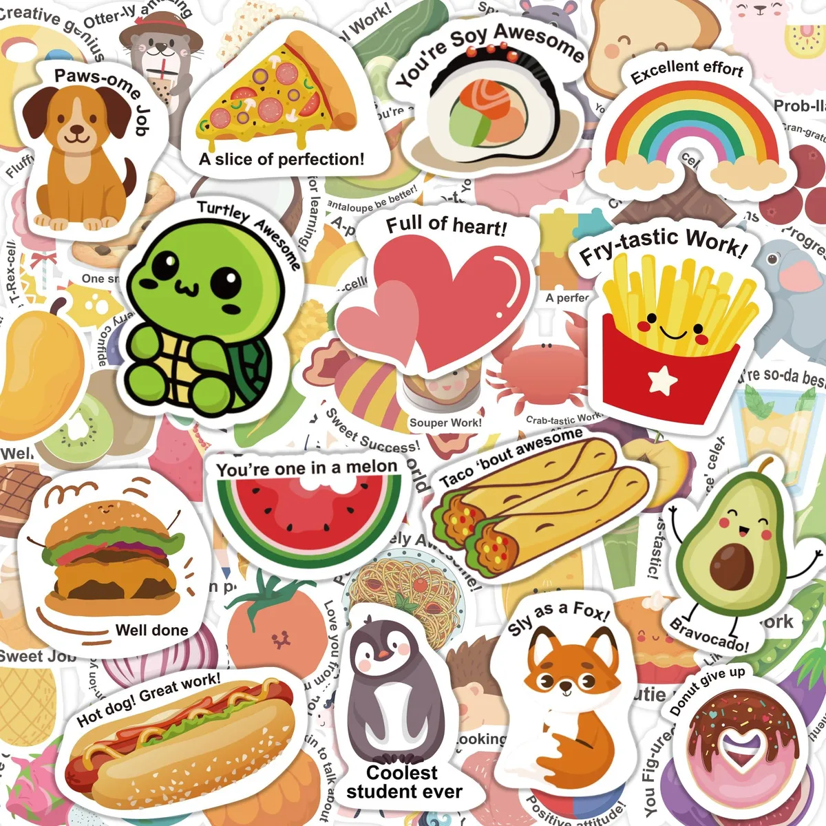 Sheet of 120 vinyl motivational stickers with colourful animal and food designs