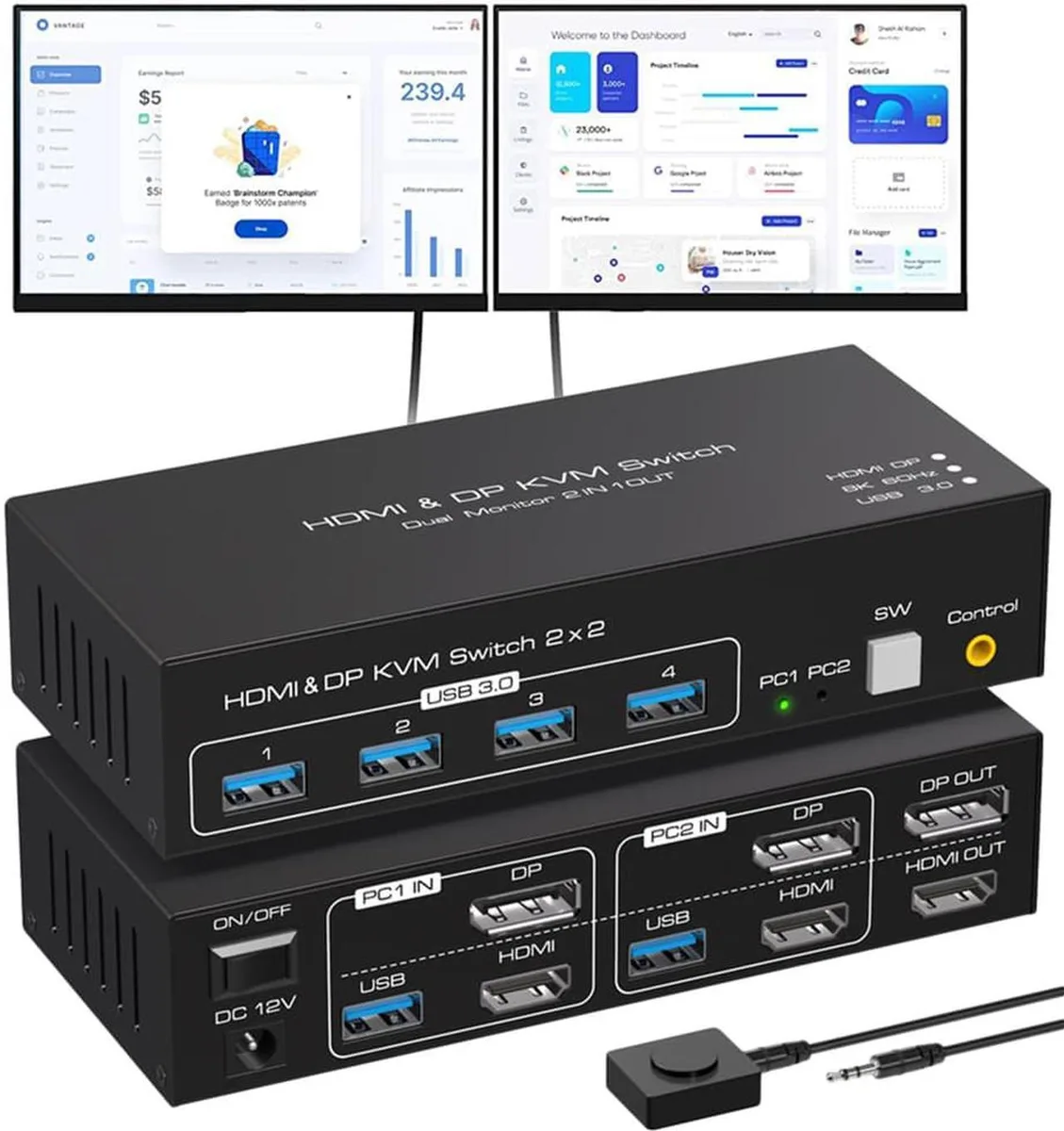 Vszerda Vszerda 2-Port Dual Monitor KVM Switch HDMI DP 8K 60Hz 4K 120Hz USB 3.0 — product photo