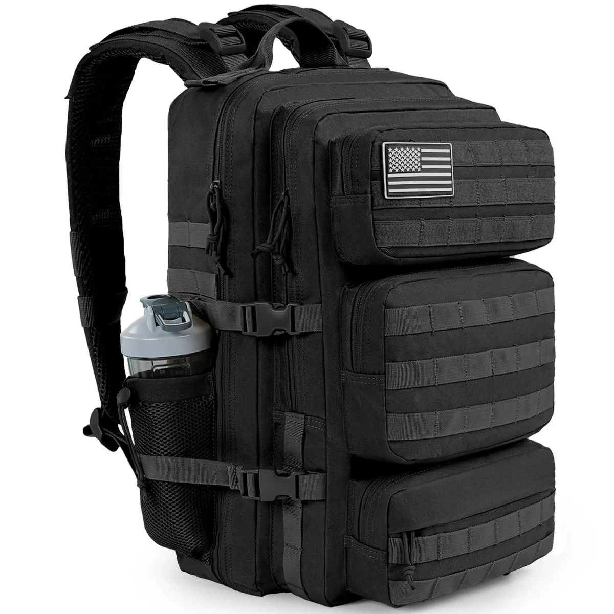 Black 50L tactical backpack with MOLLE webbing, side bottle pockets and padded straps