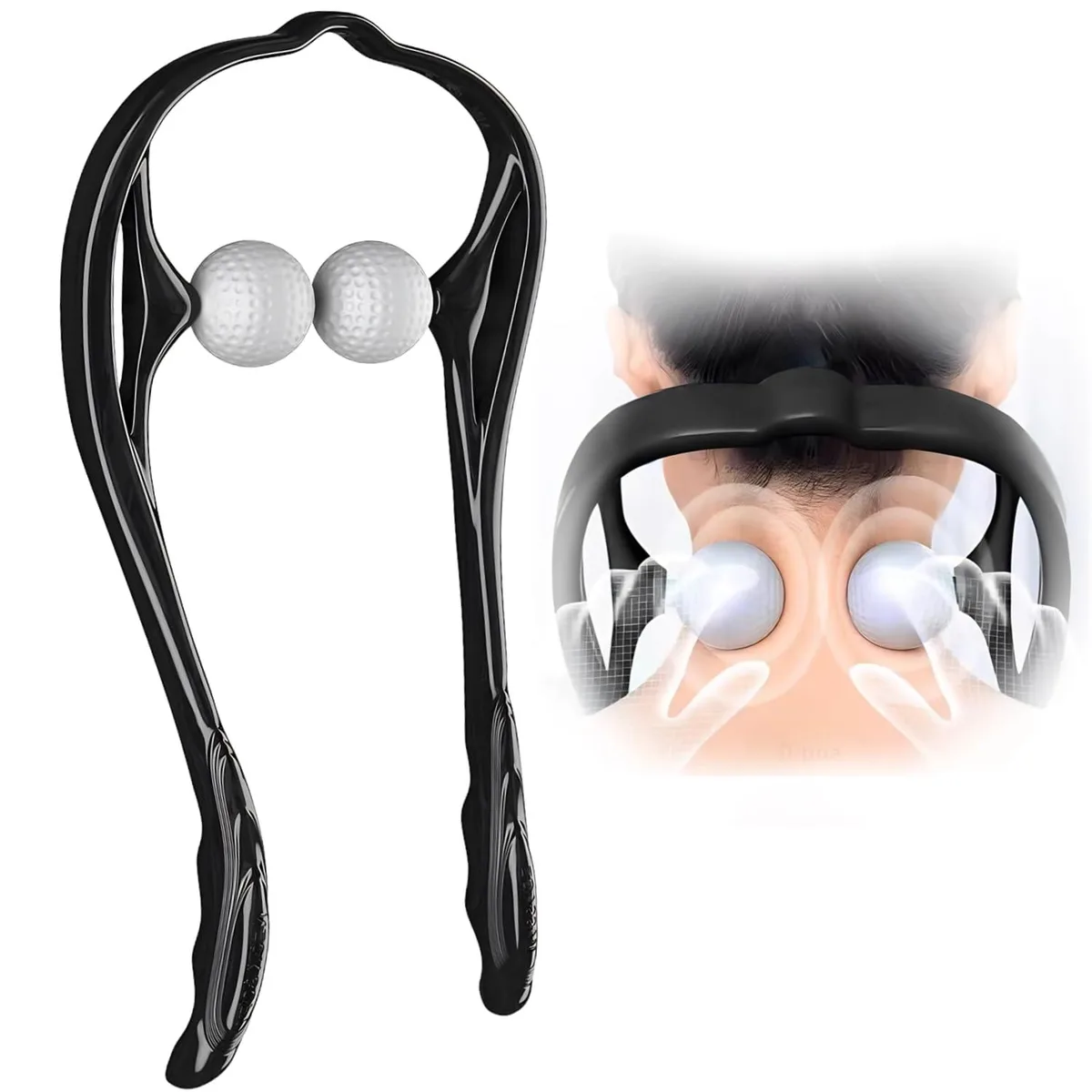 Blue manual neck massager with two spherical massage balls on a flexible U-shaped frame