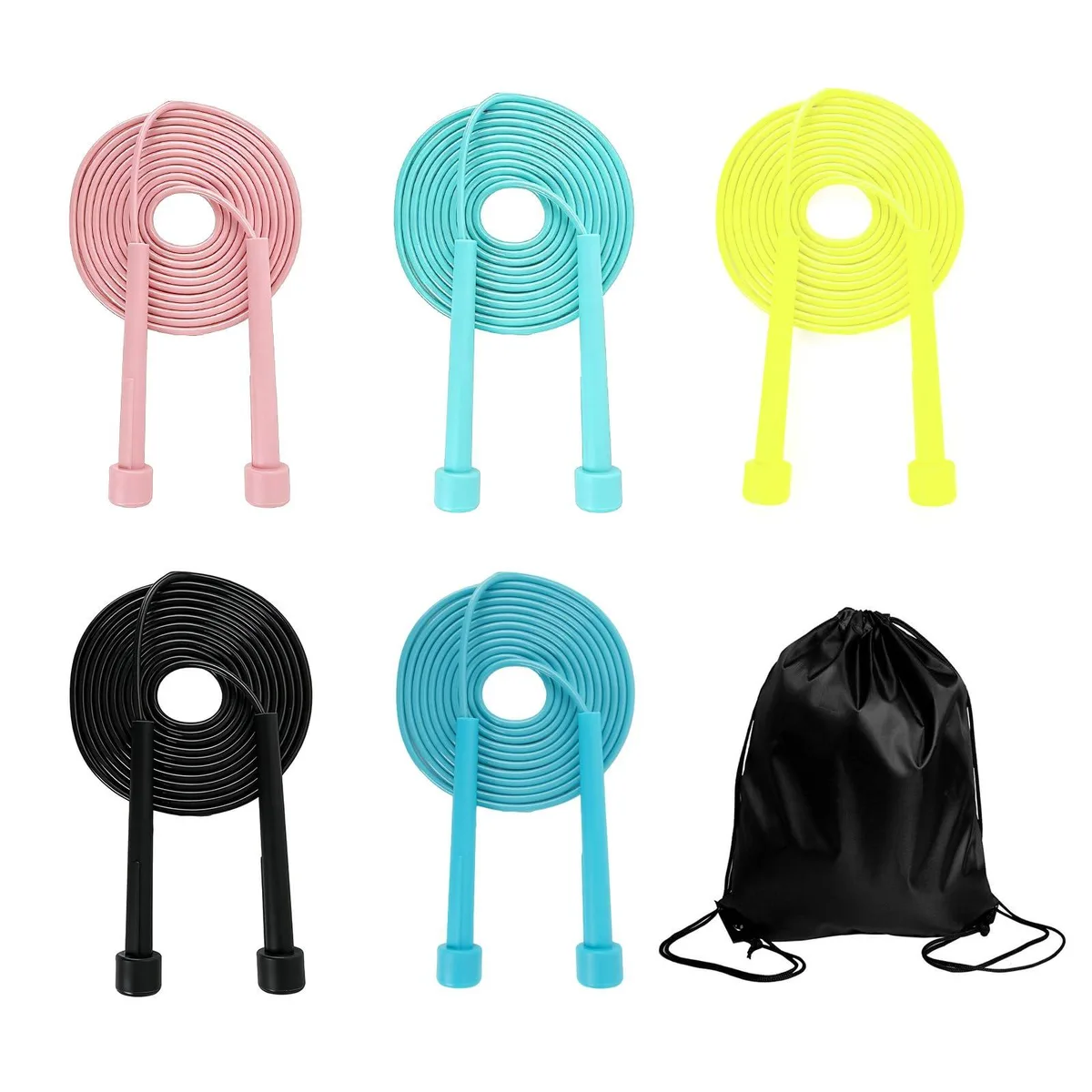 Five colourful adjustable jump ropes with plastic handles in a black nylon bag