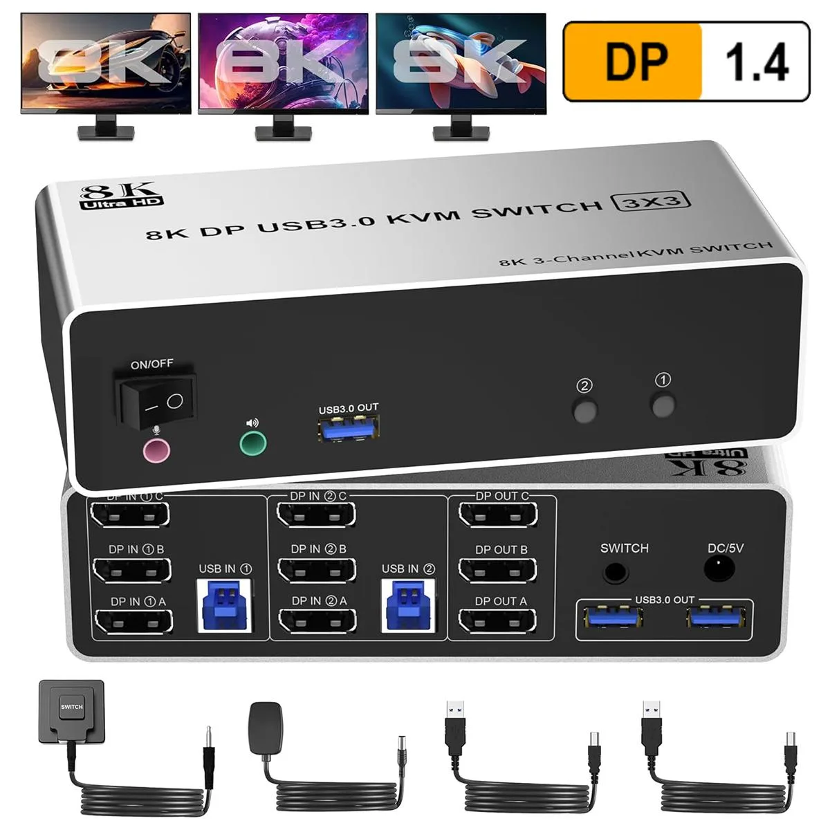 AUTYUE AUTYUE 8K@60Hz 4K@144Hz Triple Monitor DP KVM Switch 2 Computers 3 USB 3.0 Audio Mic Wired Remote — product photo