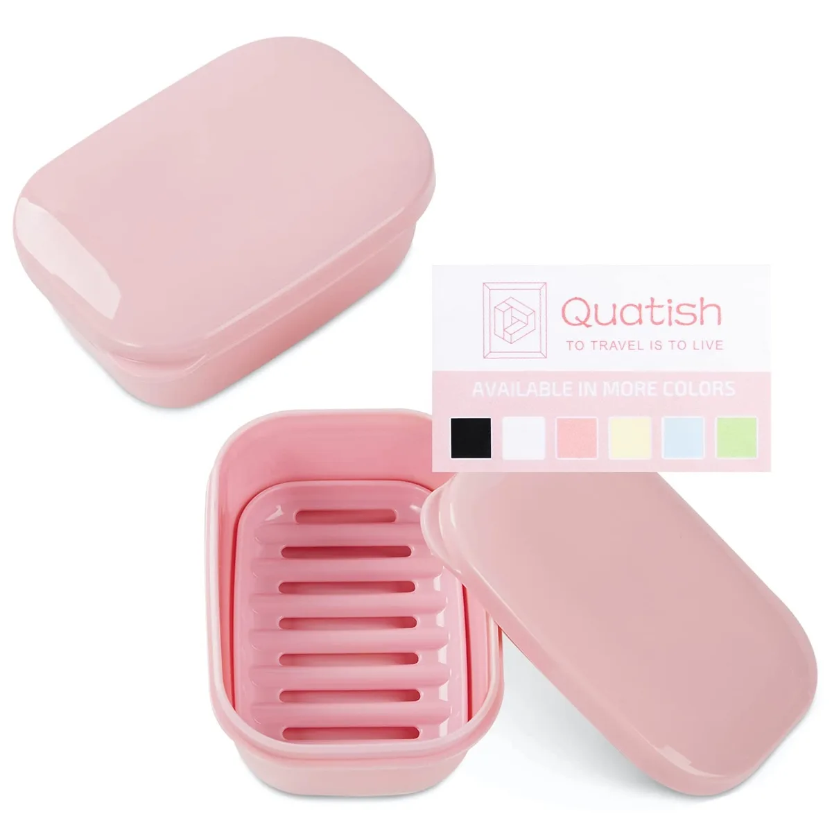 Two pink rectangular plastic soap boxes with snap-on lids and drainage trays