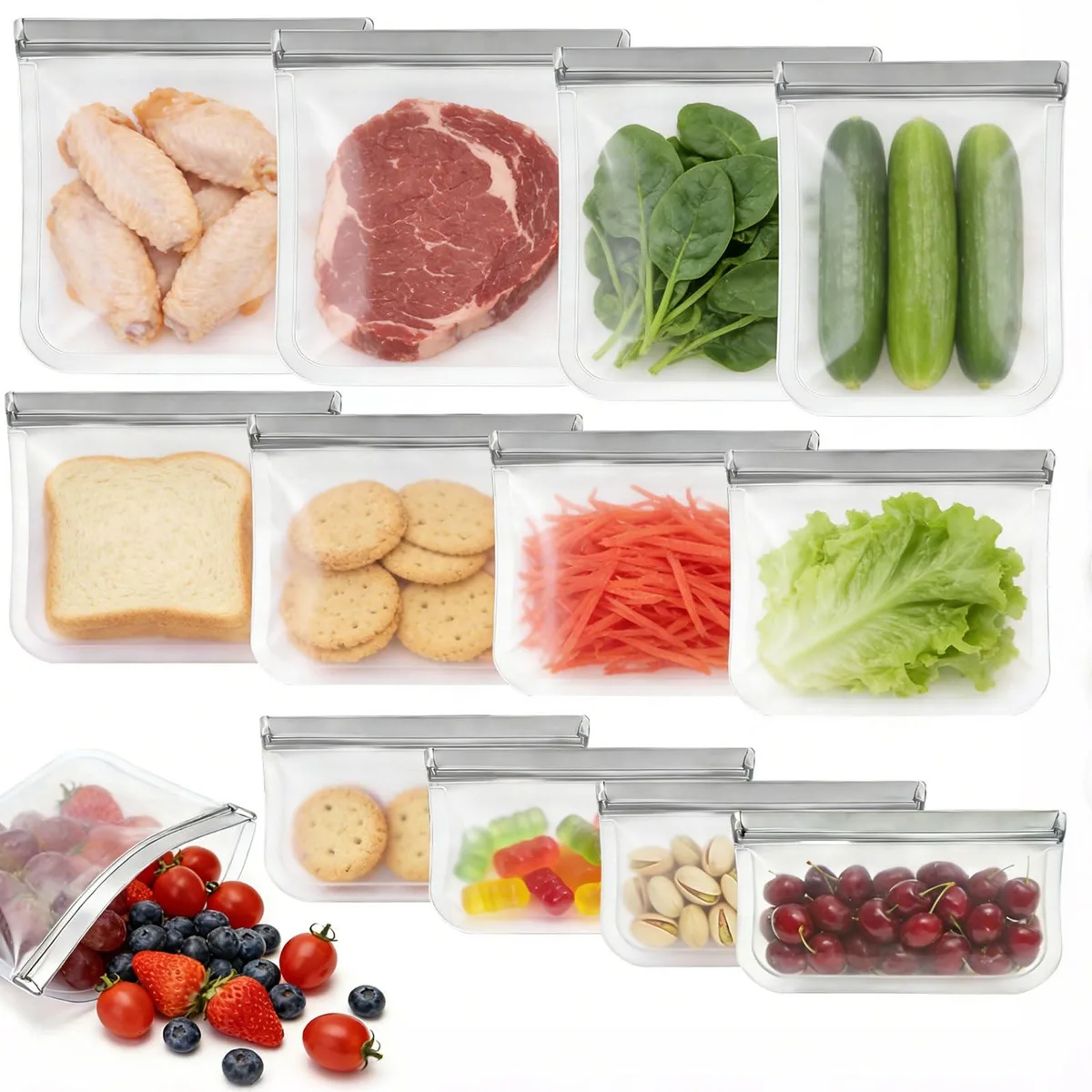 Twelve grey silicone food storage bags in three sizes lying flat