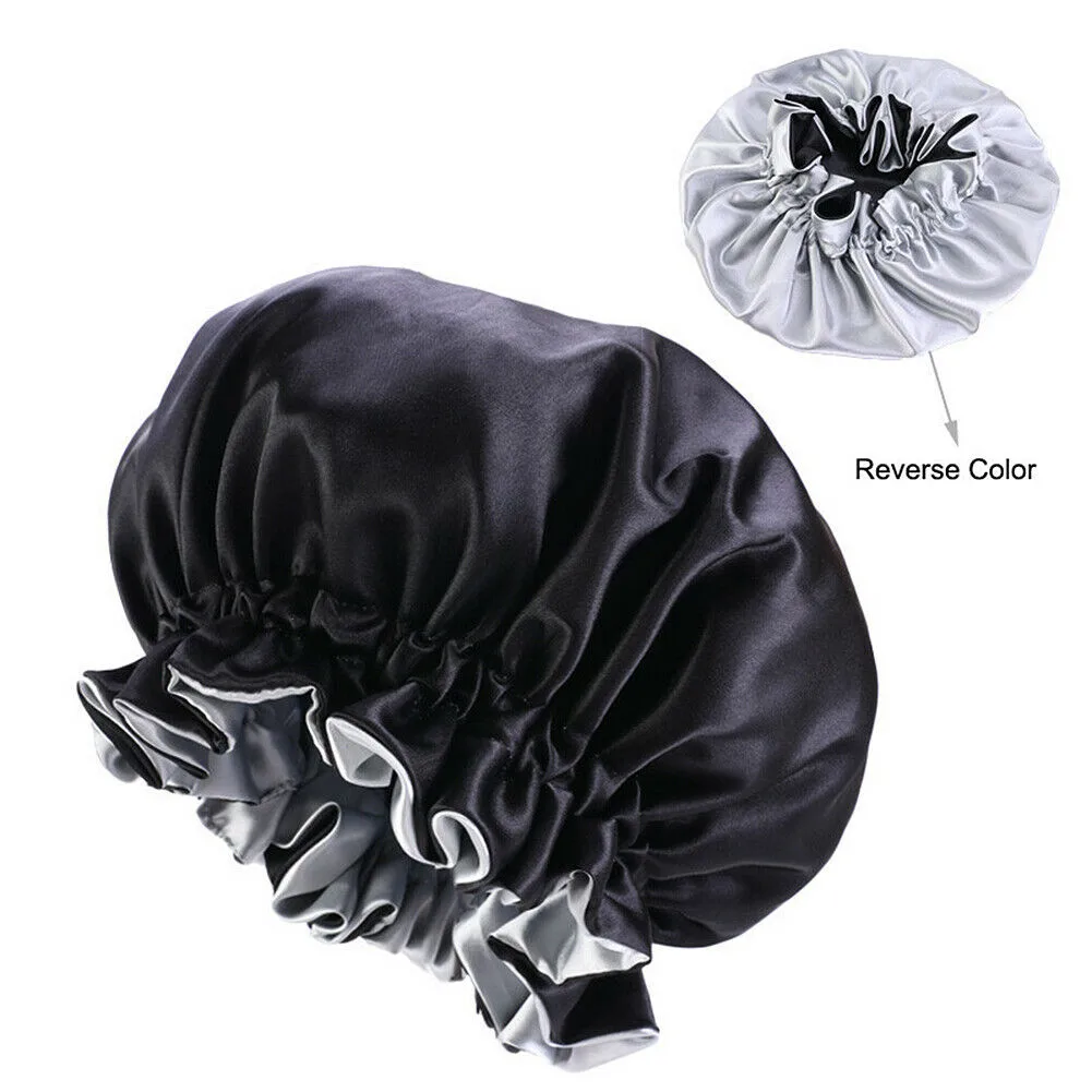 Black double-sided satin sleep cap with elastic band