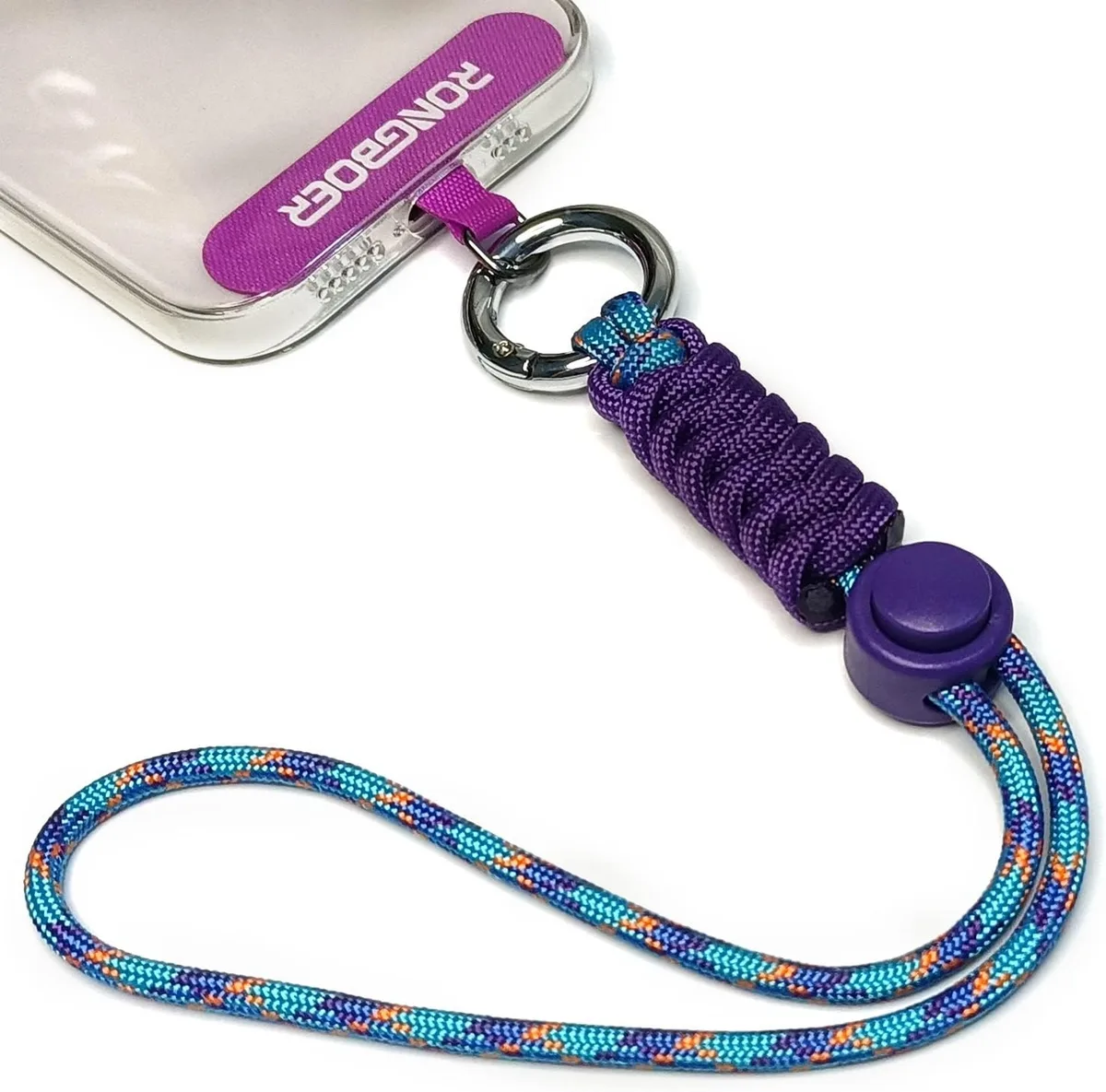 Purple and blue handwoven wrist strap with detachable pads and key rings