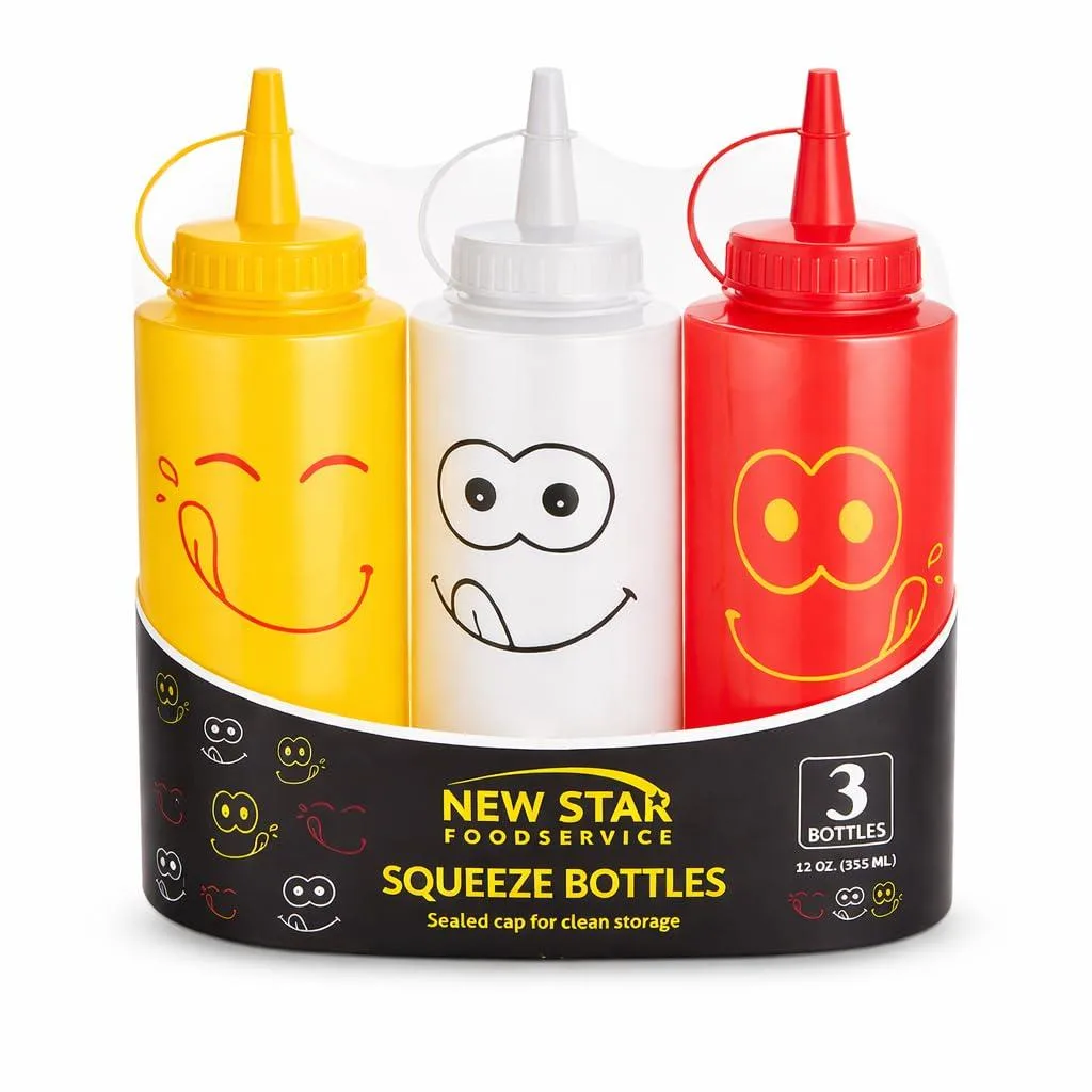 Three 12 oz squeeze bottles in red yellow and clear with smiley face caps