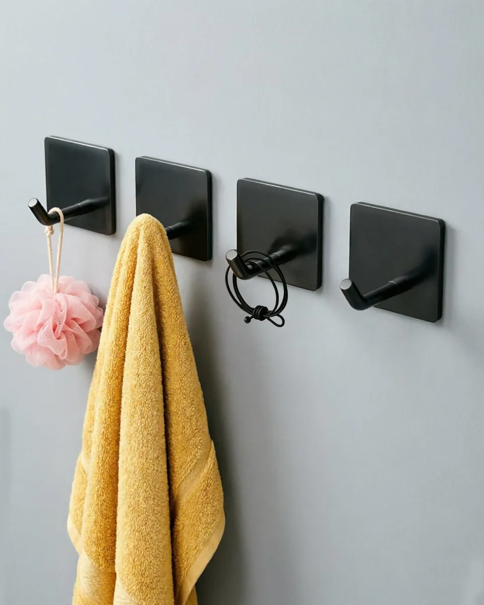 Four matte black stainless steel adhesive hooks on a backing sheet