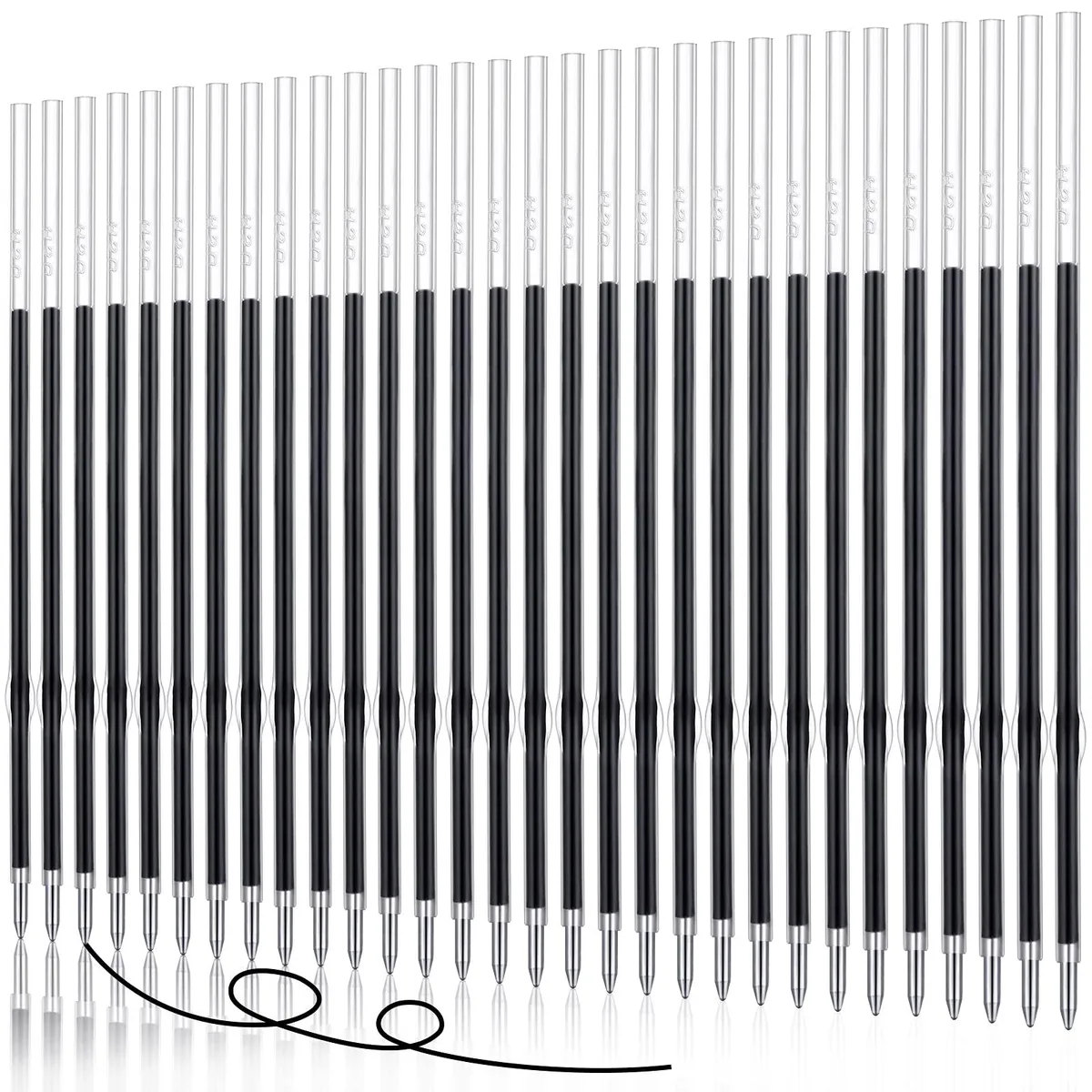 30 black ballpoint pen refills 1 mm tip 10.7 cm long plastic barrel