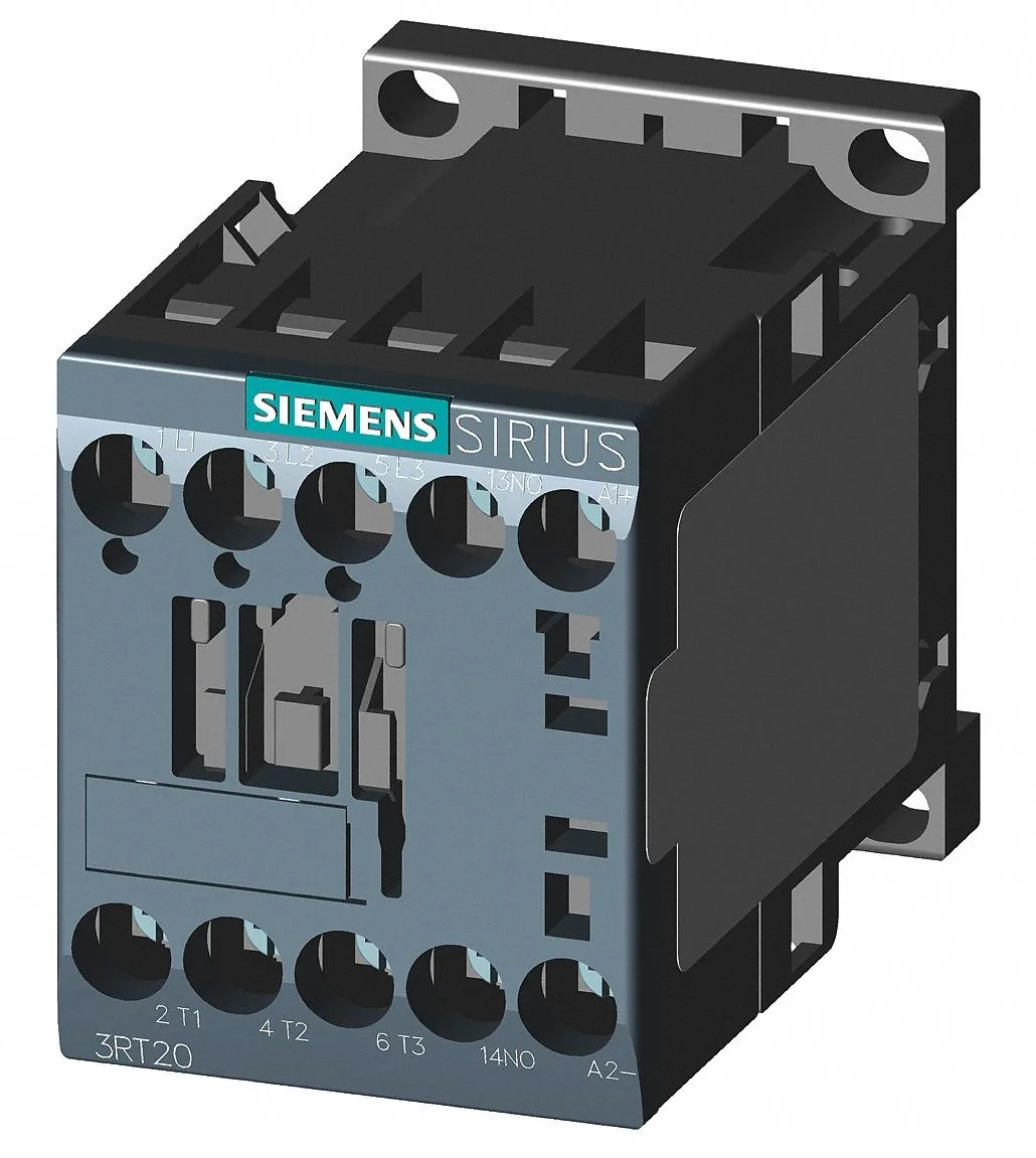 Compact grey IEC contactor with screw terminals and DIN rail clips