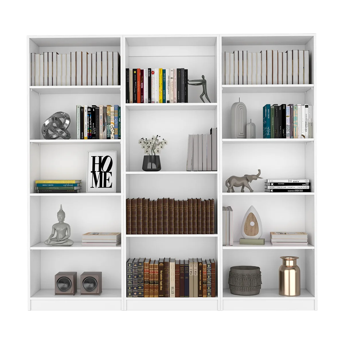 Three-piece white manufactured-wood bookcase set with multiple shelves