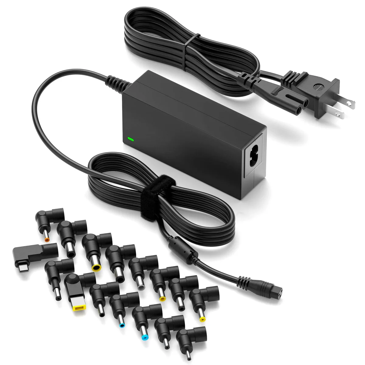 Compact rectangular black charger with USB-C cable and interchangeable tips