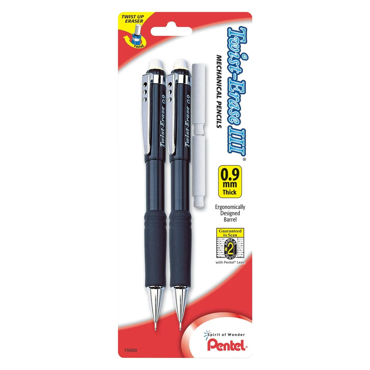 Two 0.9 mm mechanical pencils in assorted barrel colours with twist-up erasers