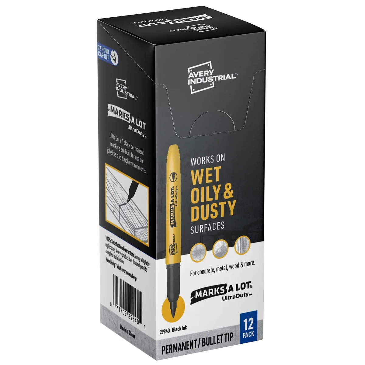 Twelve black permanent markers with bullet tips in a pack