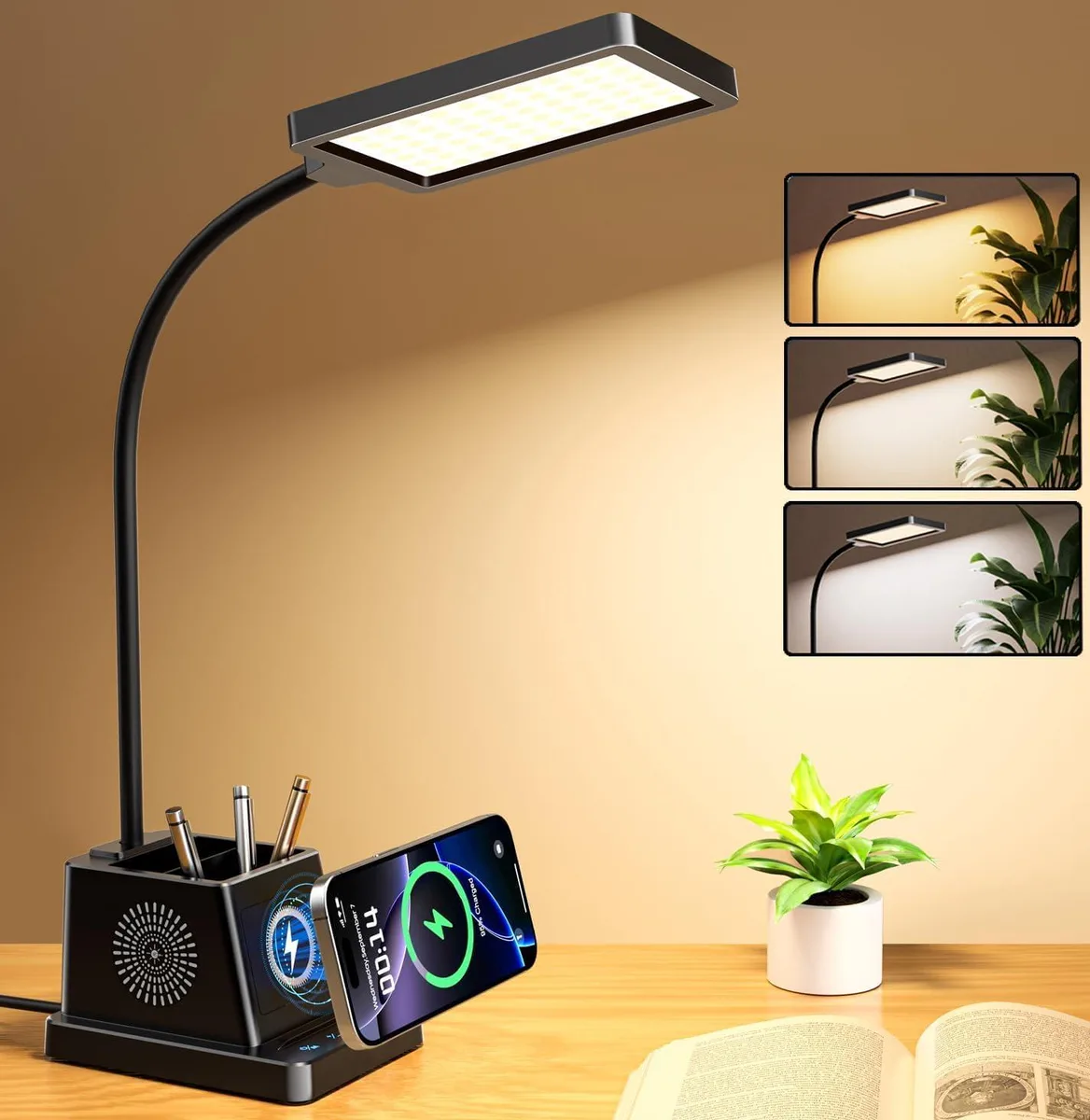 Matte-finish gooseneck desk lamp with wireless charging base and pen holder